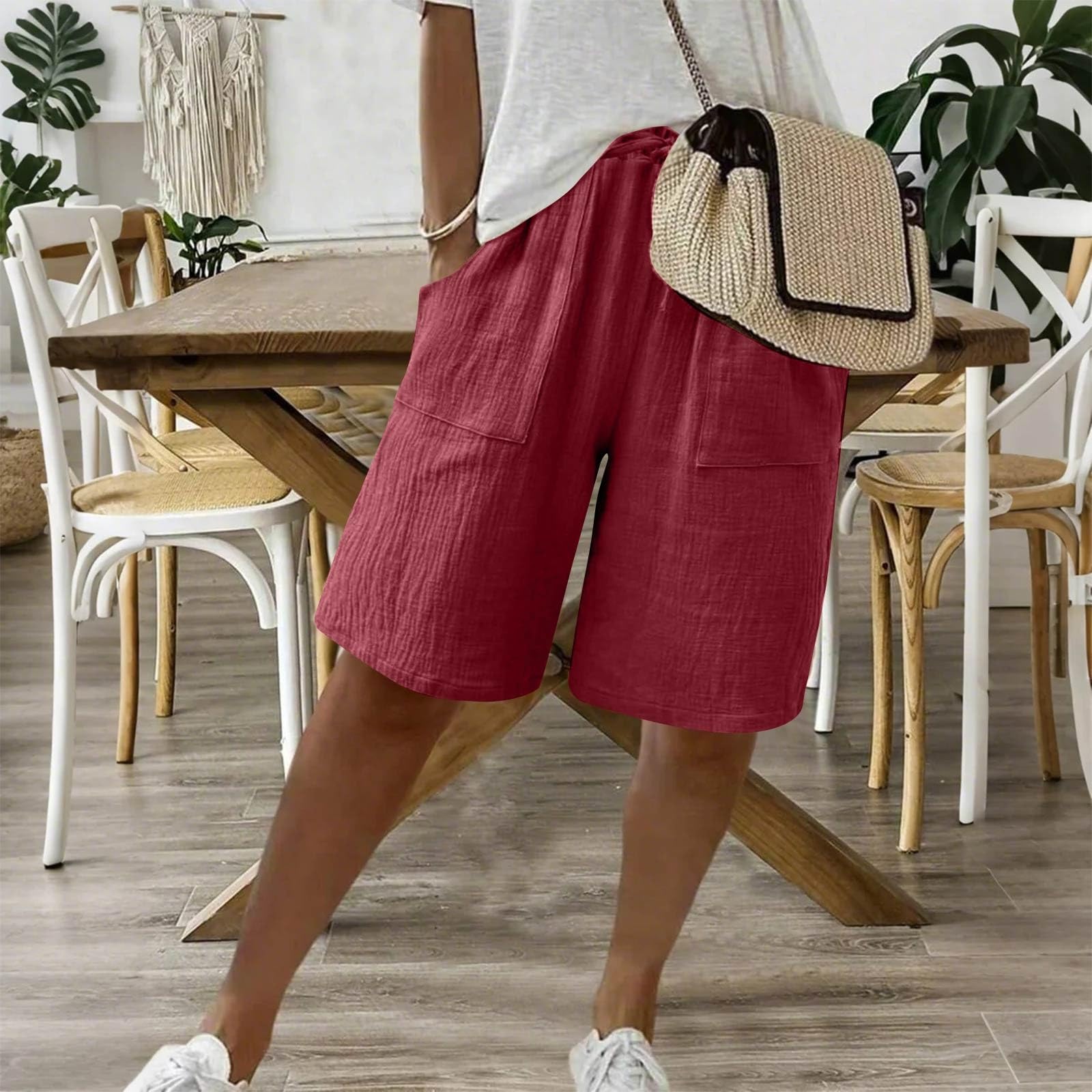 Bermuda Linen Shorts for Women High Waisted Casual Beach Long Shorts Drawstring Knee Length Lounge Pull on Short with Pockets Comfy Dressy Work Short Pants Lightweight Flowy Wide Leg Capri Pants