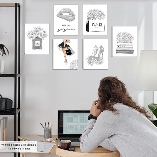 Miniatura 4 de Decoración de pared de moda gris glamorosa, arte de pared enmarcado para sala de maquillaje, arte de pared de sala de belleza plateada para oficina,