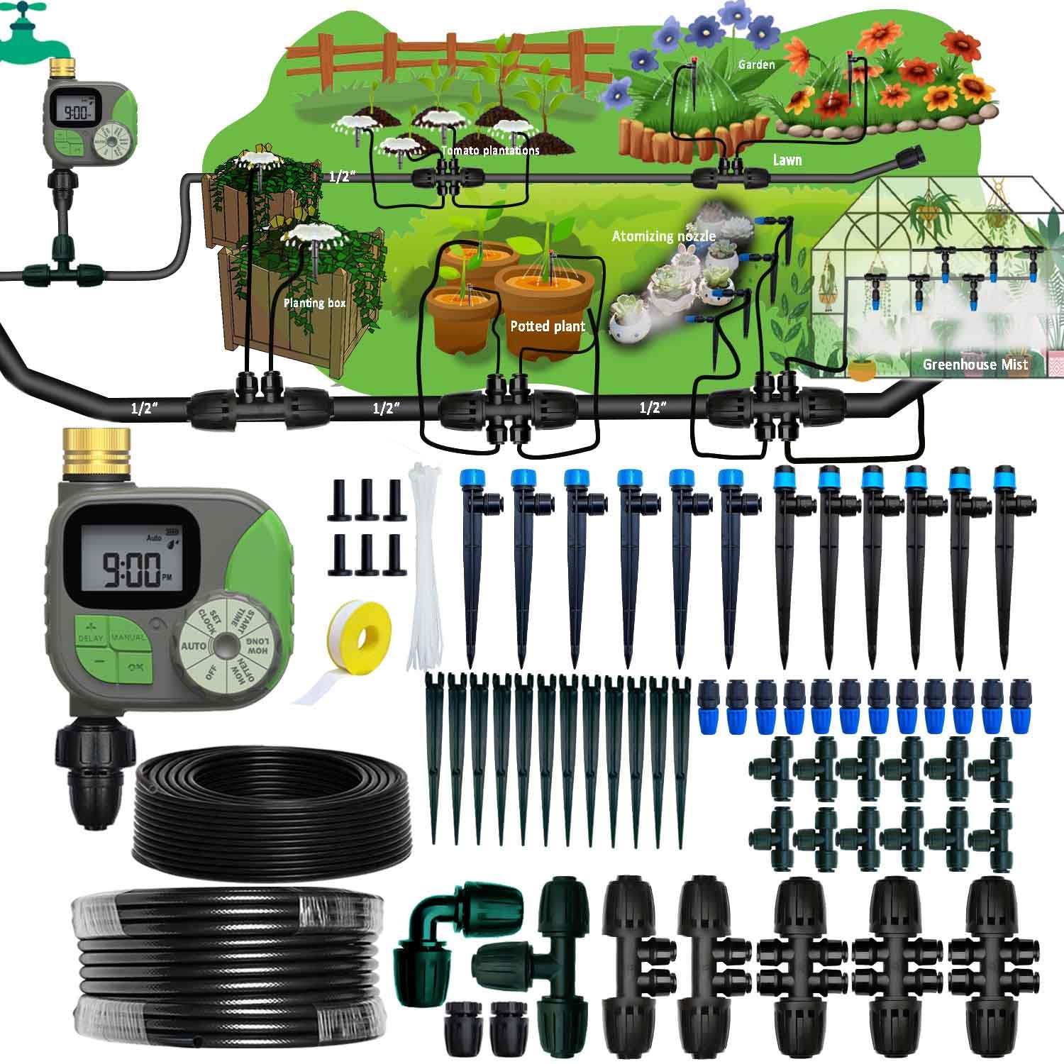 Système d'irrigation goutte à goutte avec minuterie d'eau pour jardin, ID principal 1,27 cm, 5,8 m et 0,6 cm et 30 m, système d'arrosage à pression suffisante, irrigation goutte à goutte uniformément