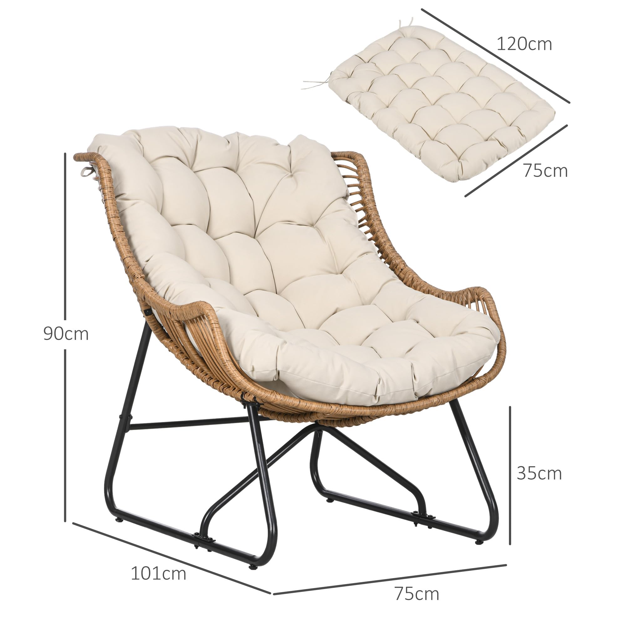 Outsunny Rattansessel mit Dicke Kissen Bänder Stahlrahmen, gepolsterter Outdoor Sessel aus Polyrattan, Korbsessel bis 120kg, Gartensessel Gartenstühle für Garten Balkon Veranda Terrasse Khaki