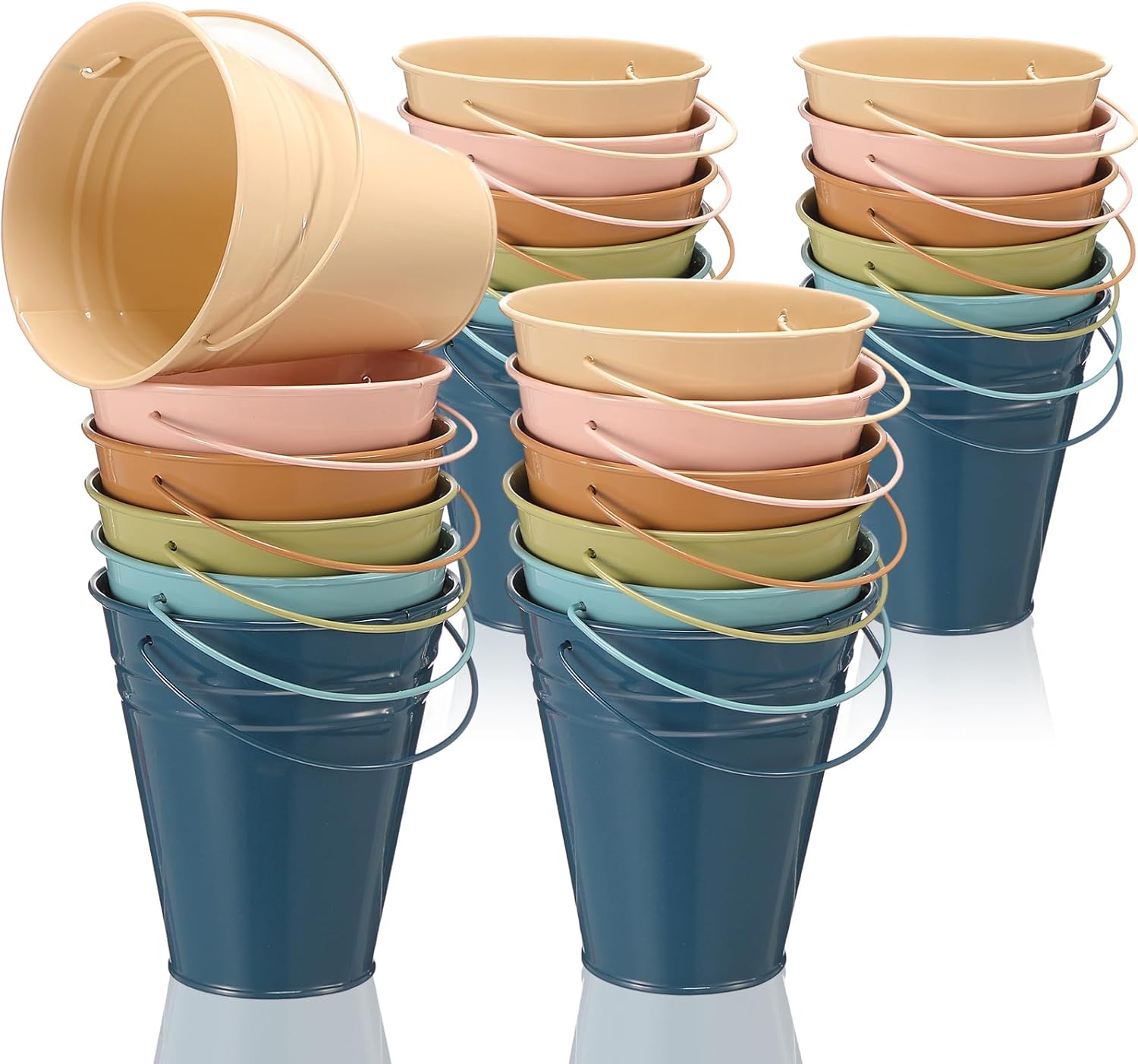 Sadnyy 24 Pack Small Metal Buckets with Handle, 4.5 x 5.1 Inch Mini Galvanized Tin Bucket for Back to School Classrooms Crafts Pencil Holder Boho Wedding Birthday Party Favor Decoration (Morandi)