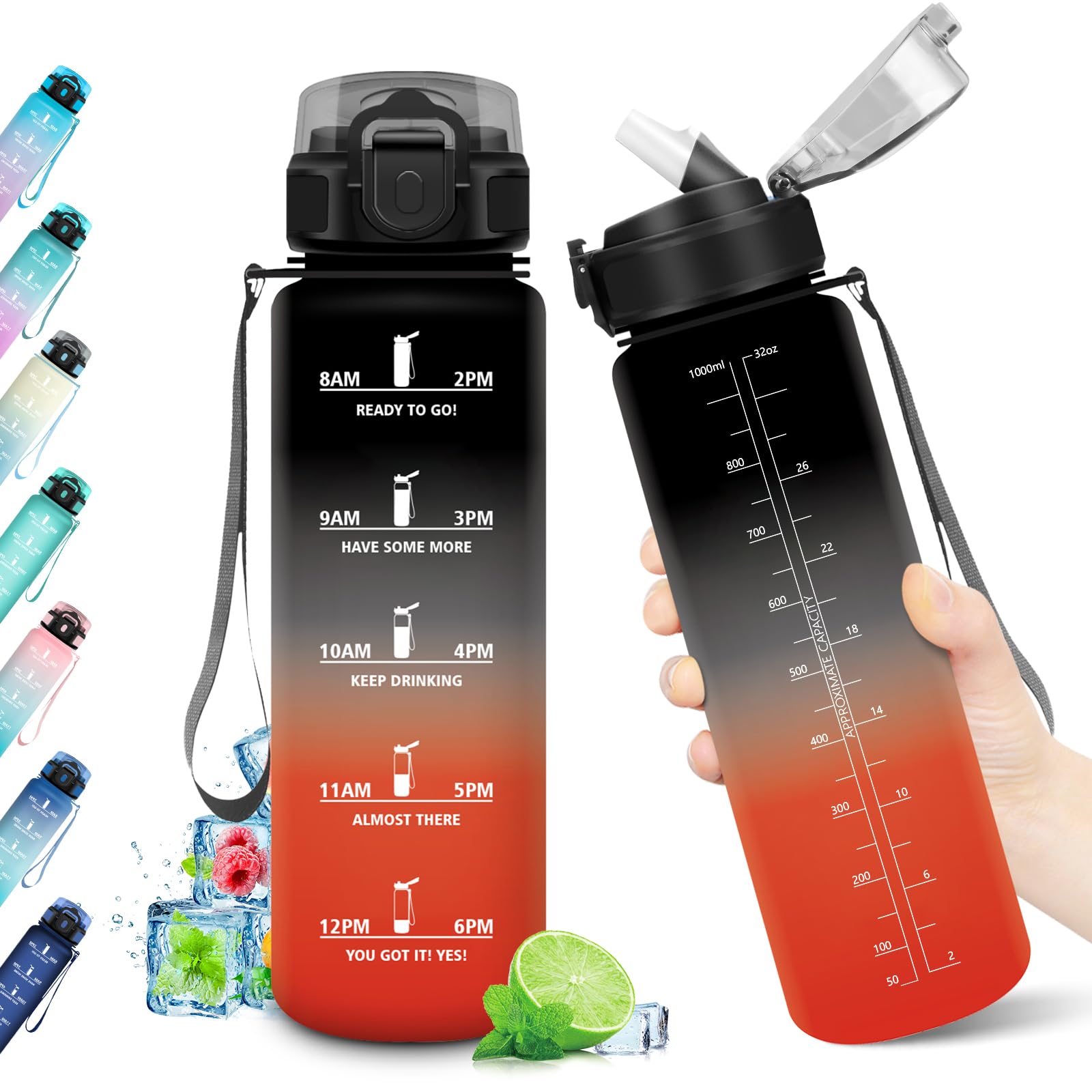 Borraccia 1L, Borraccia con Cannuccia e Indicatore del Tempo, Bottiglia Acqua Riutilizzabile, Bottiglia senza BPA, A Prova di Perdite, Borraccia Sport per Fitness, Studenti, Palestra, Ufficio