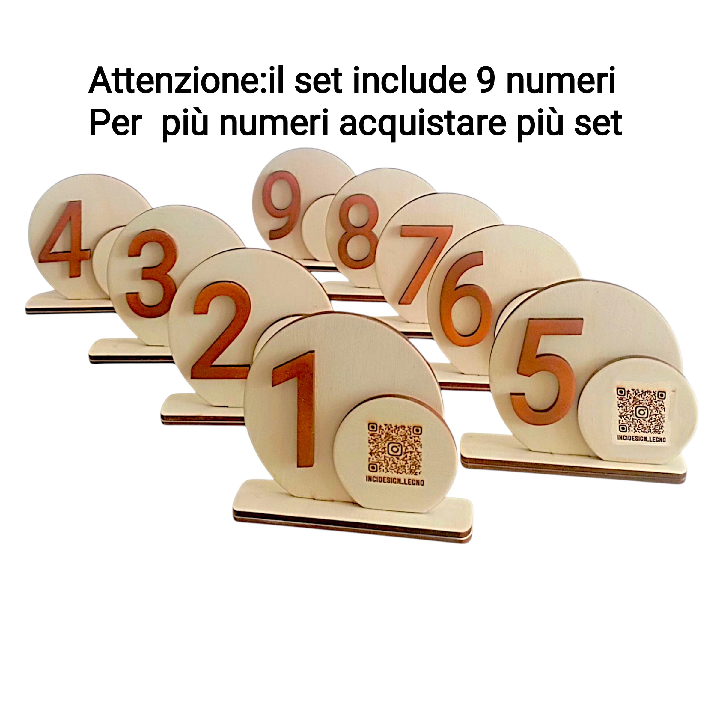 Set da 9 Segnaposto Numerati InciDesign in Legno Naturale - Numeri Tavolo con Qr code per Ricevimenti, Eventi Bar e Ristoranti - Stile Minimal ed Elegante - Scelta Colori - Made in Italy