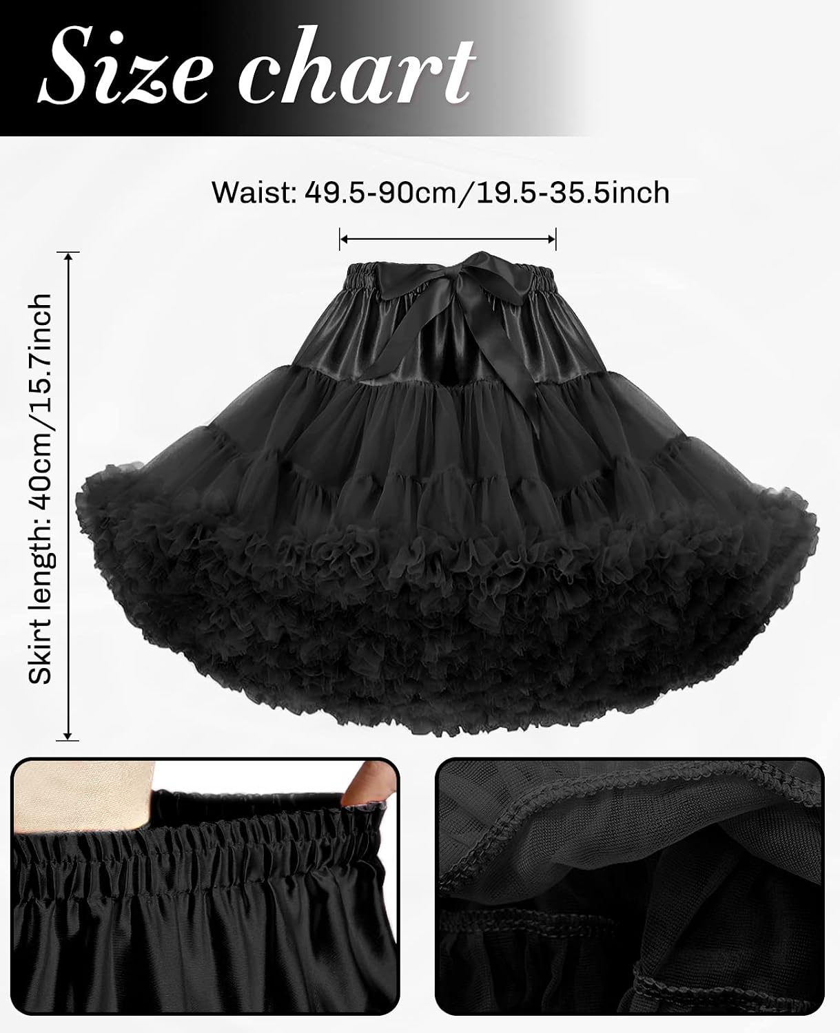 Petticoat Skirt for Women Under Dress 3-Layer Tutu Underskirt | 100% Polyester Tulle, Soft Cotton Lining, 19.5-35.5In Waist, 15.7In Length, Fluffy Petticoat Lolita Wedding Prom Cosplay