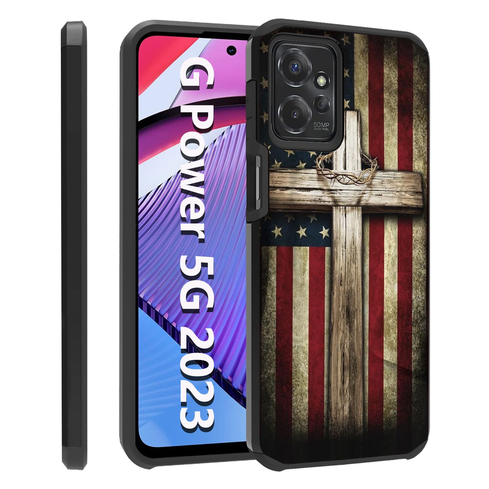for Moto G Power 5G 2023 Case, Heavy Duty 2 in 1 Dual Layer Hybrid Hard PC & Soft Silicone Shockproof Protective Case for Motorola Moto G Power 5G 2023, American Flag Cross