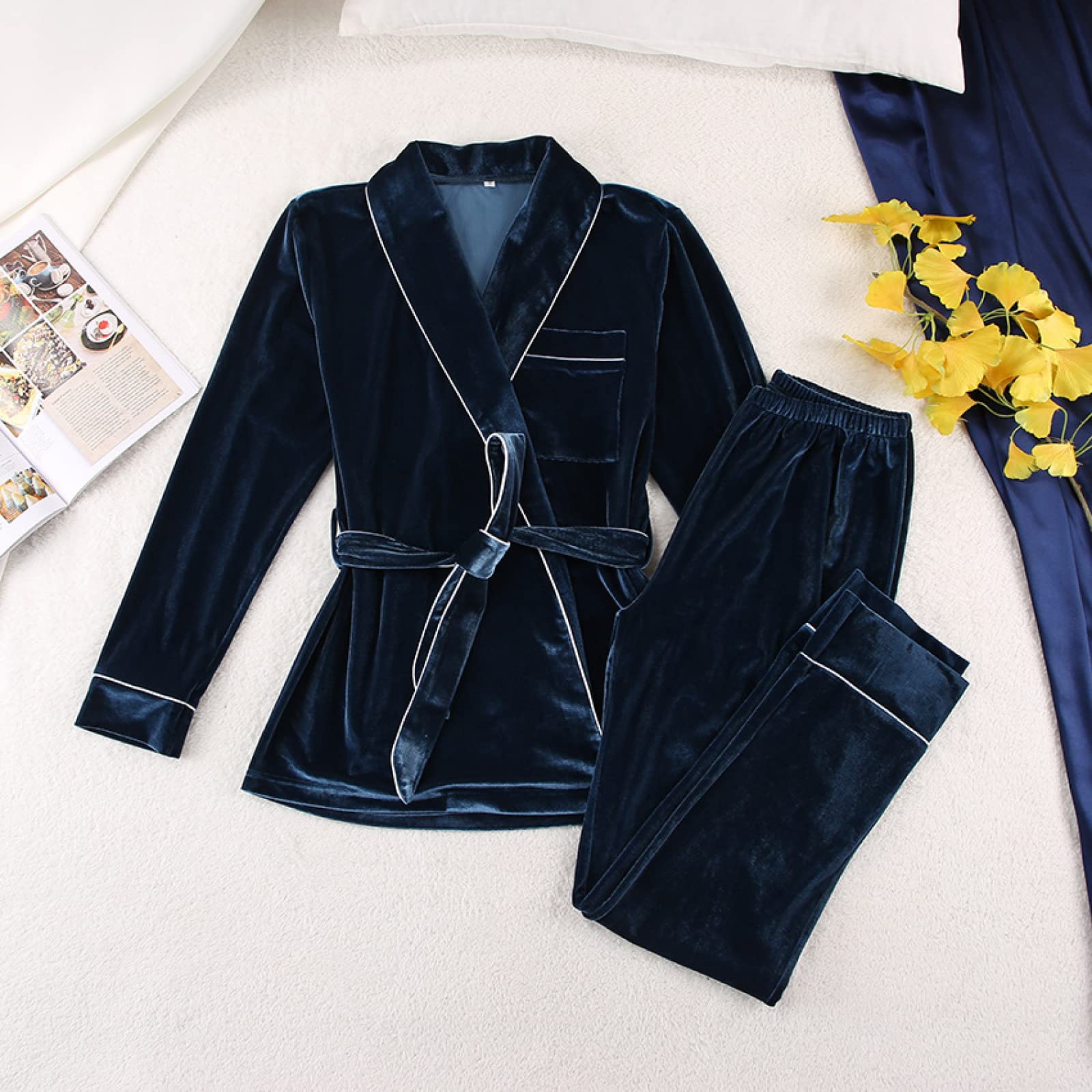 Conjunto De Dos Piezas De Pijama De Manga Larga para Mujer, Conjunto De Cárdigan Cálido Y Cómodo, Ropa Interior De Camisón Sexy para Mujer,Azul Claro,M