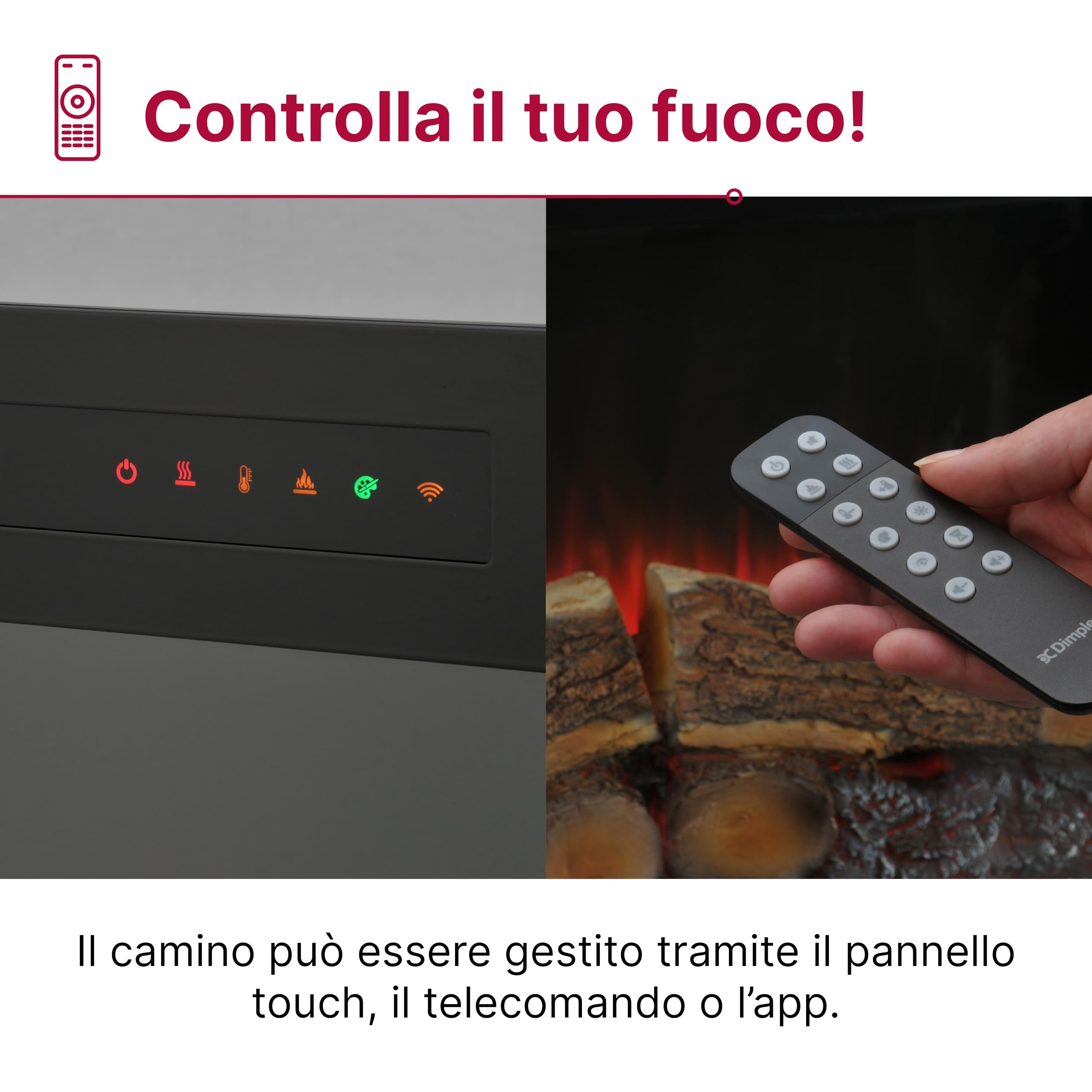 Dimplex Spark 26" Camino Elettrico da Incasso Camino Elettrico da Parete con Termoventilatore 2 kW Effetto Fiamma LED Optiflame, Velocità e Luminosità Regolabili Incluso Timer e Telecomando