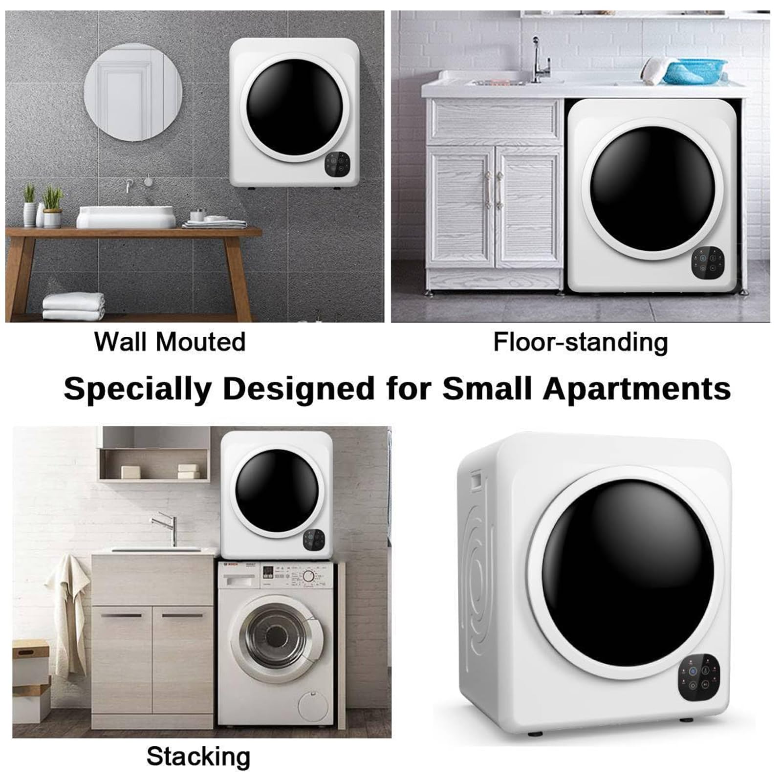ZMIN Asciugatrice ventilata da 6 kg, Mini asciugatrice Portatile da 1500 W con Pannello di Controllo Intelligente, Vasca in Acciaio Inossidabile, asciugatrice elettrica compatta,Bianca,A