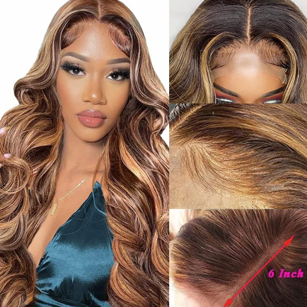 - Human hair blend ombre brown highlights blonde wig. Brown Blonde Ombre Wig HD Front Lace Human Hair Blend  main image 3