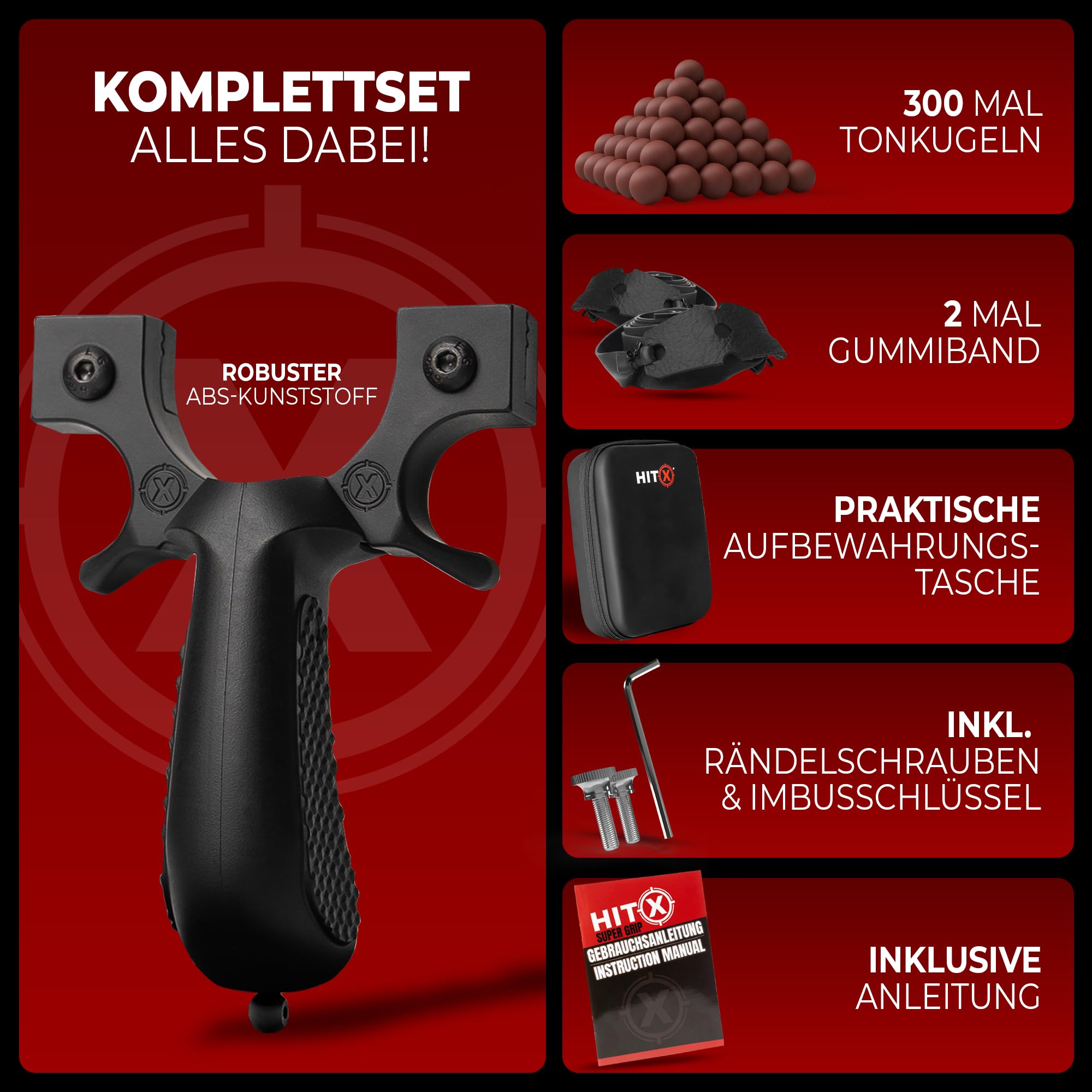 HITX® Zwille Steinschleuder Bundle Set | Super Grip Oberfläche | Slingshot Schleuder mit Gummiband | Einfache Clip-Anbindung | Sportgerät im Bundle Set mit Ersatzgummi + 300 Tonkugeln