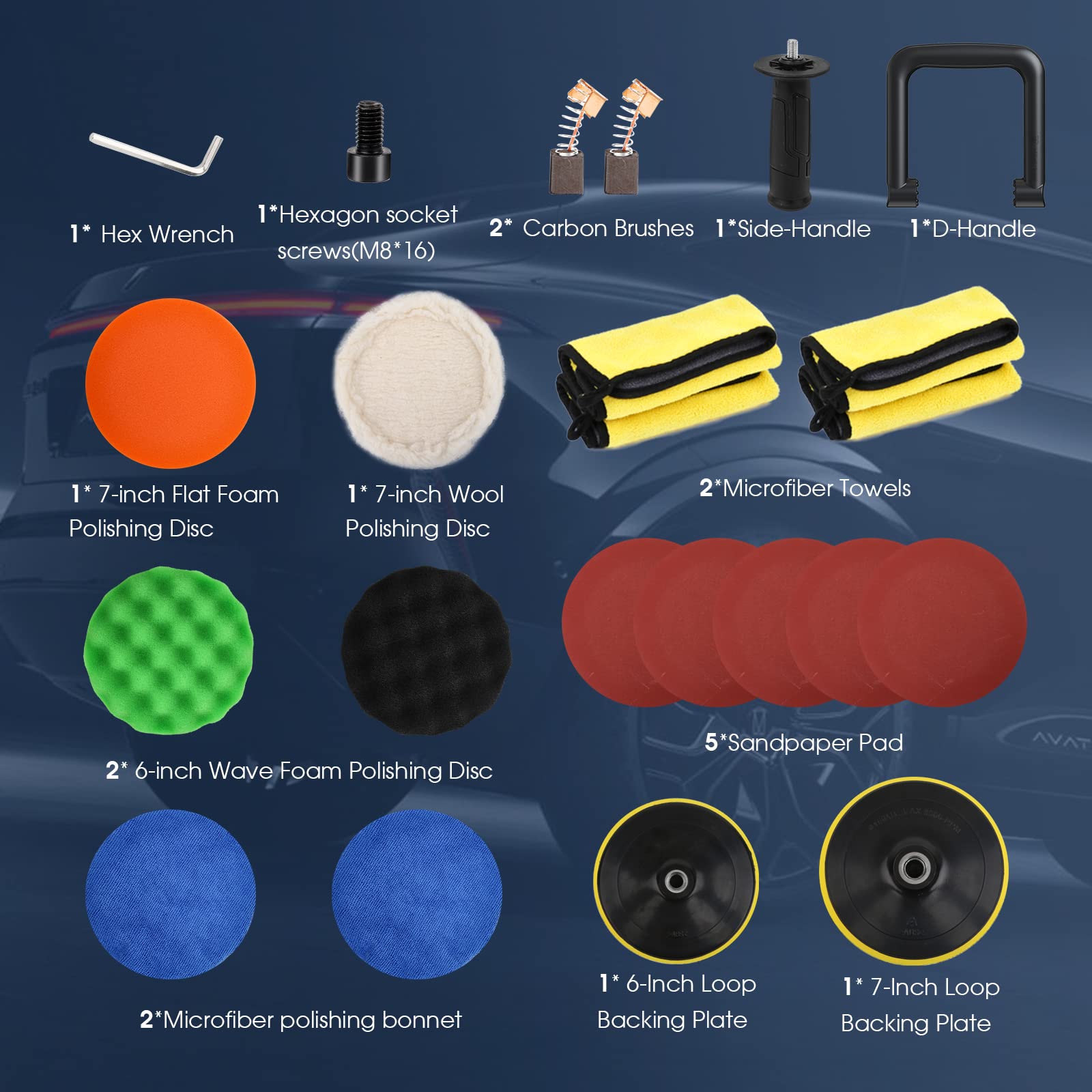 Poliermaschine Auto 6/7 Zoll Polierplatten Poliermaschine Set für Auto Boot | 1200W Auto Poliermaschine, 6 Geschwindigkeitsstufen (1600-3500 RPM), 2 Handgriffen, Komplettset 21 Stück