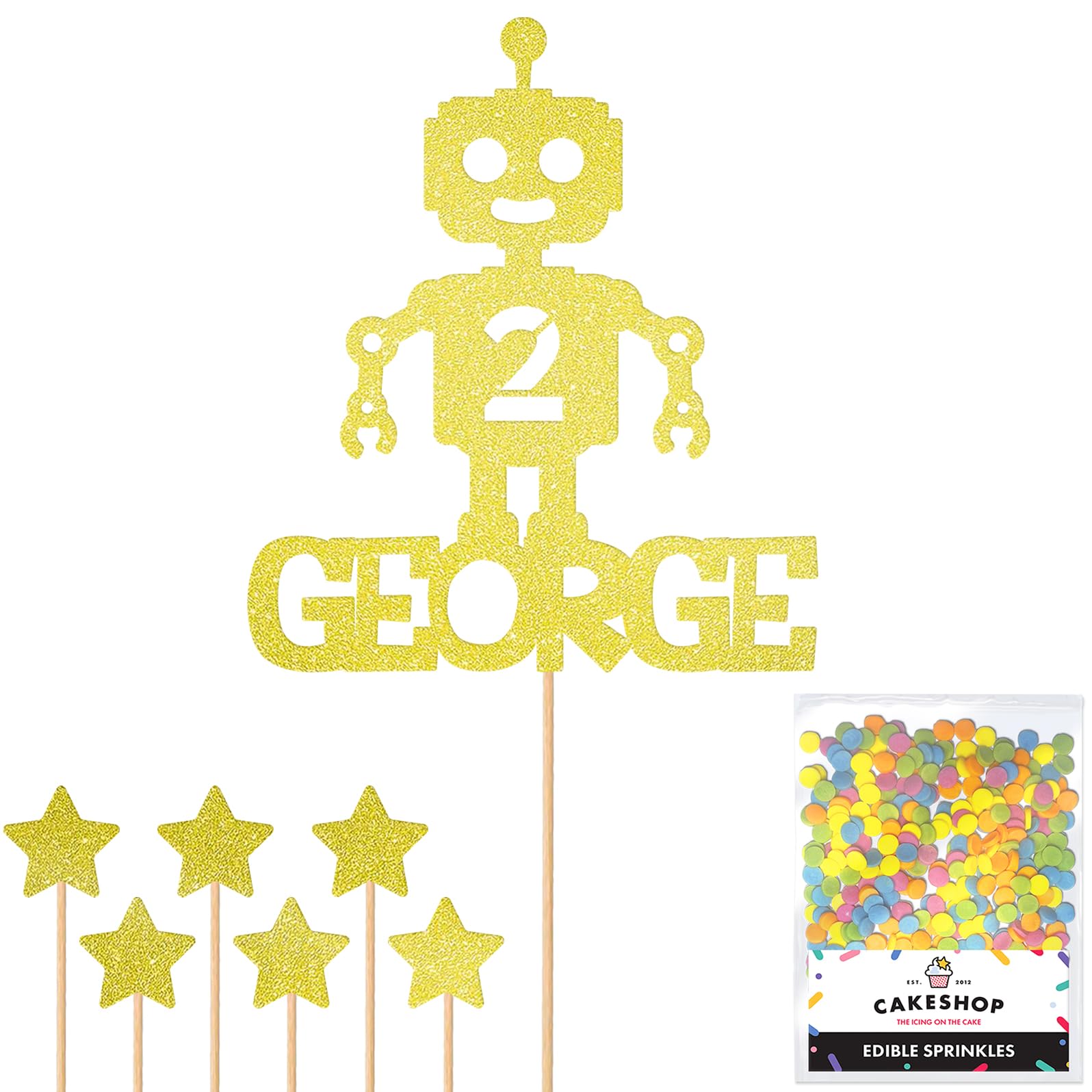 Personalised Birthday Space Robot Glitter Cake Topper Champagne Any Custom Age & Name Glitter Cake Decoration and Sprinkles - Happy Birthday Decorations - Personalised Toppers for Cakes by Cakeshop โ image 1