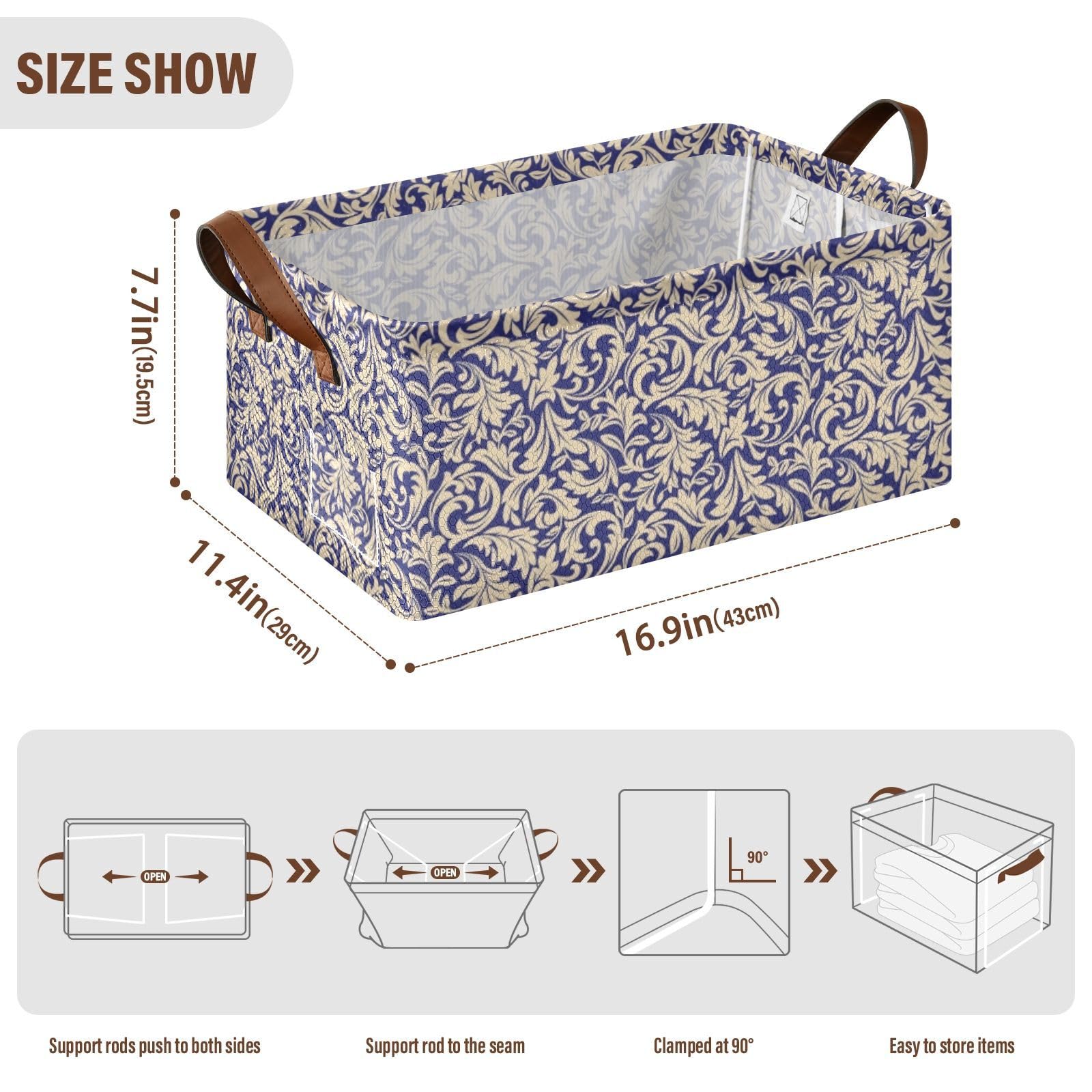 Fygkptb Seamless Gold Baroque Damask Floral Pattern on Dark Blue 2 PC Rectangle Foldable Frame Basket Leather Handles Storage Bin for Laundry Bathroom Organizer 16.9 x 11.4 x 7.7 inch