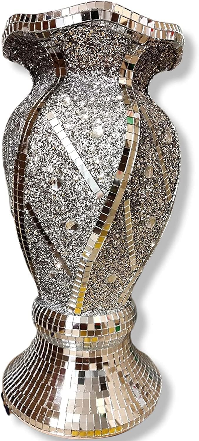 Luxury Crushed Diamond Mirrored Vase, 30 cm Decorative Ceramic Flower Pot, Silver Glitter Mosaic Design