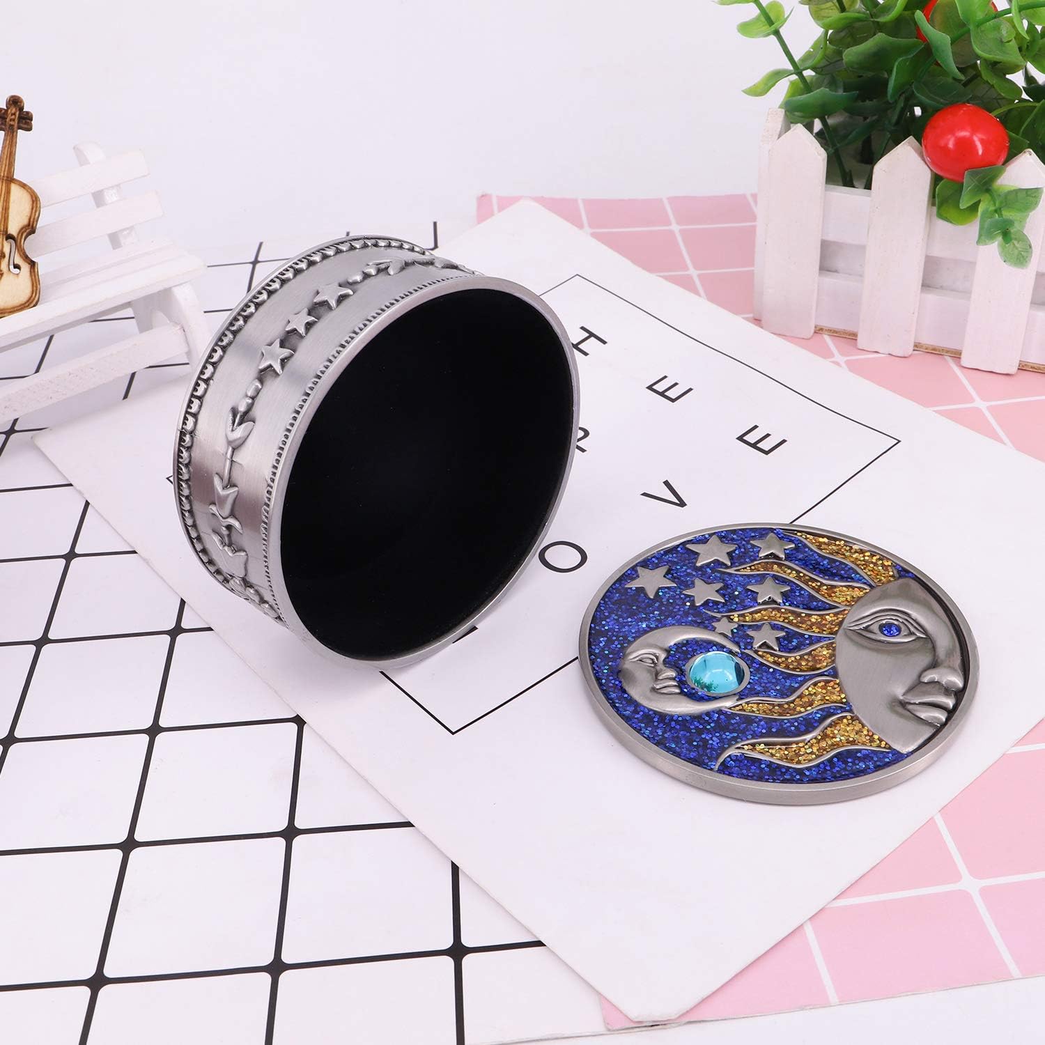 Vintage Sun Moon Jewelry Box with Metallic Star Engraved Classic Retro Silver Jewelry Storage Organizer (Big)