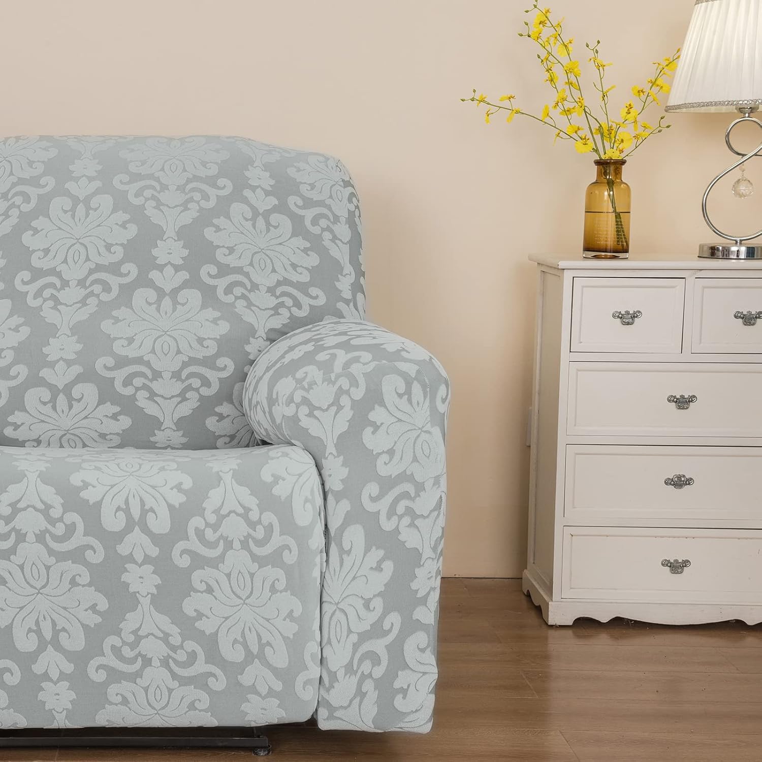 JOKIVTOU Stretch Relining Couch Chair Cover with Pocket, Jacquard Recliner Sofa Covers Reclining Slipcovers Printed Furniture Protector with Elastic Bottom for 1/2/3 Seat, Washable (1Seat,Color02)