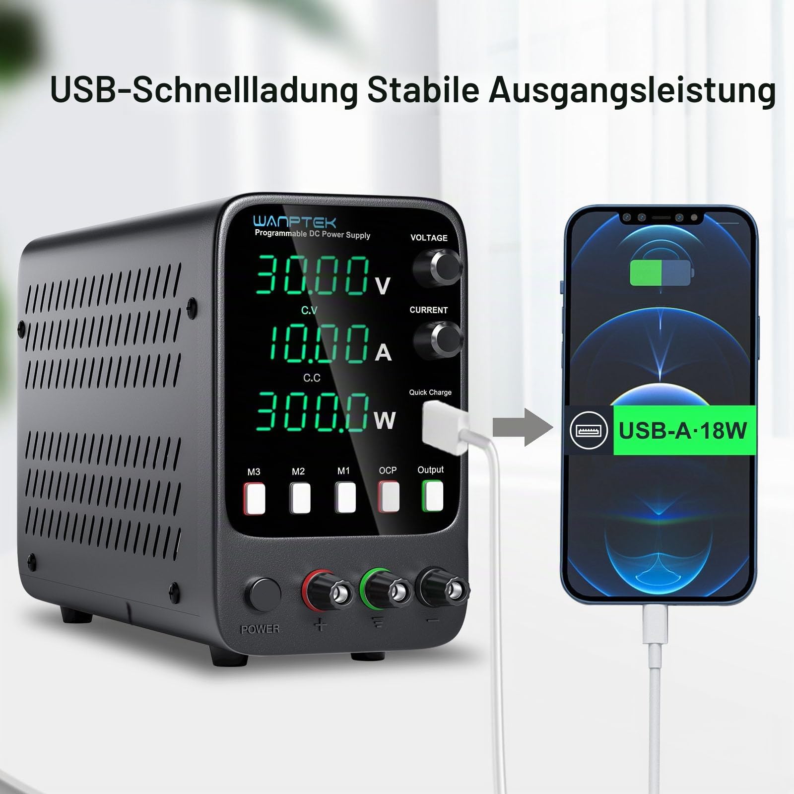 Labornetzteil 30V 10A Labornetzgerät mit 3 Speicherkapazitäten,Regelbares Netzteil mit OCP-Schutz/OUTPUT /4-Stellige LED-Anzeige/USB-Schnellladung/Helligkeit/Ton einstellbar