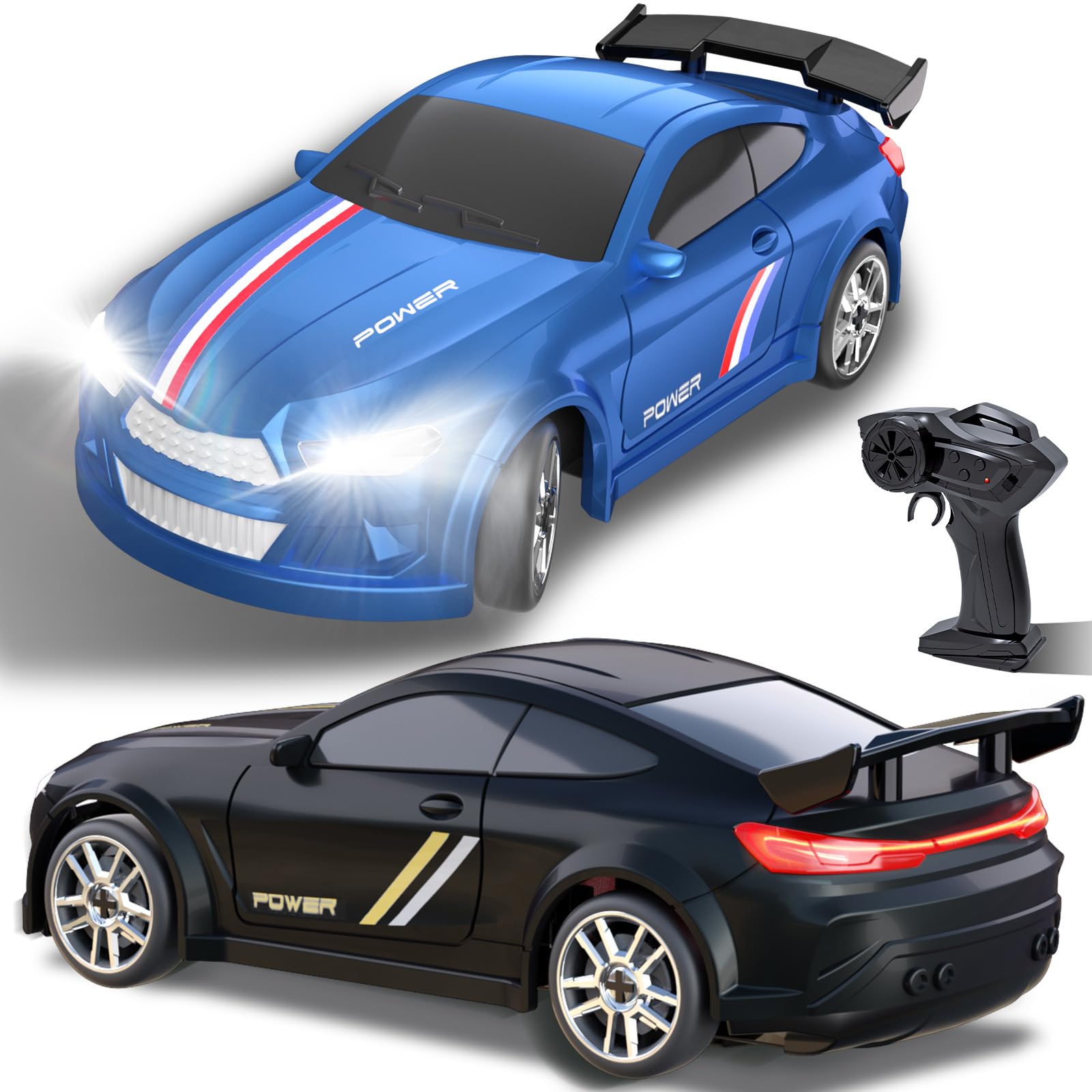 Yikkhy 1/64 Scale Remote Control Drift Car, 2.4GHz 4WD Mini RC Drift, Drift Car with LED Lights, Interchangeable Body, Obstacle Set, Suitable for Children Over 3 Years Old and Adults (Blue&Black)