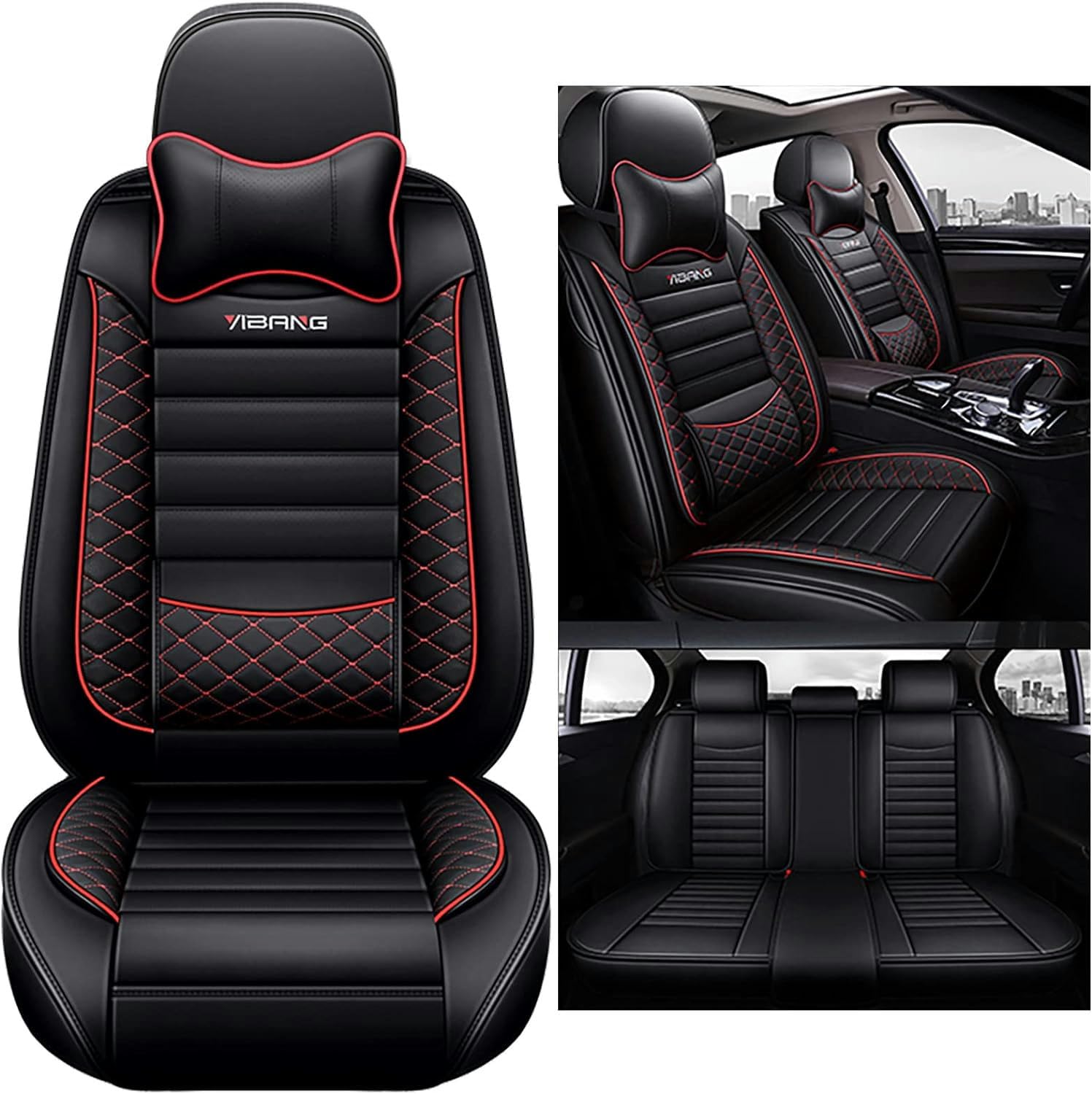 Set Coprisedili Auto Per Opel Frontera - 9 Pezzi In Pelle PU, Anti-Macchia, Con Protezione Airbag, Colore B/Rosso