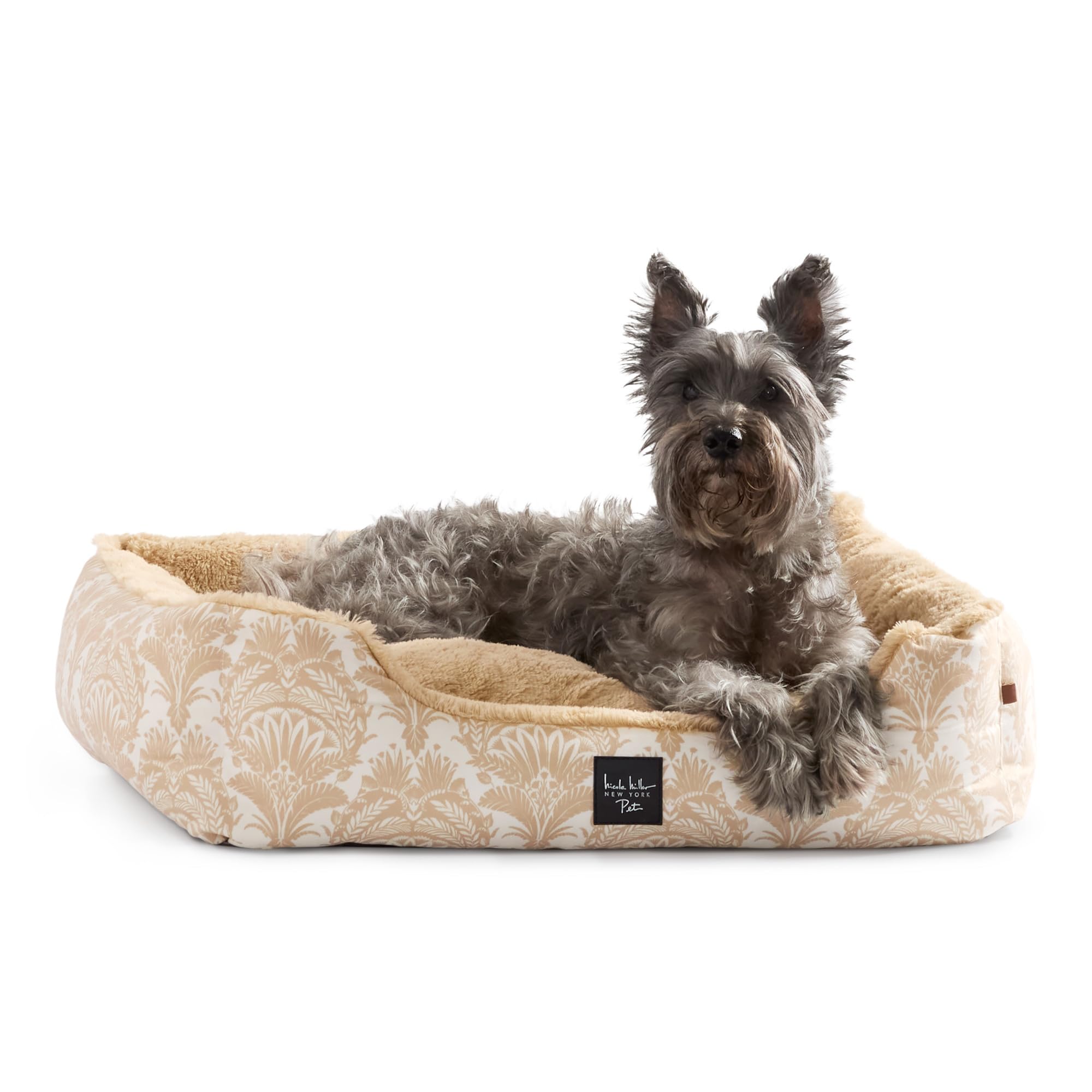 Nicole Miller New York PET Mod Damask Plushy Bolster Pet Bed, Cozy & Calming, Non-Slip Bottom, Machine Washable Cover, Taupe, Extra Small 19