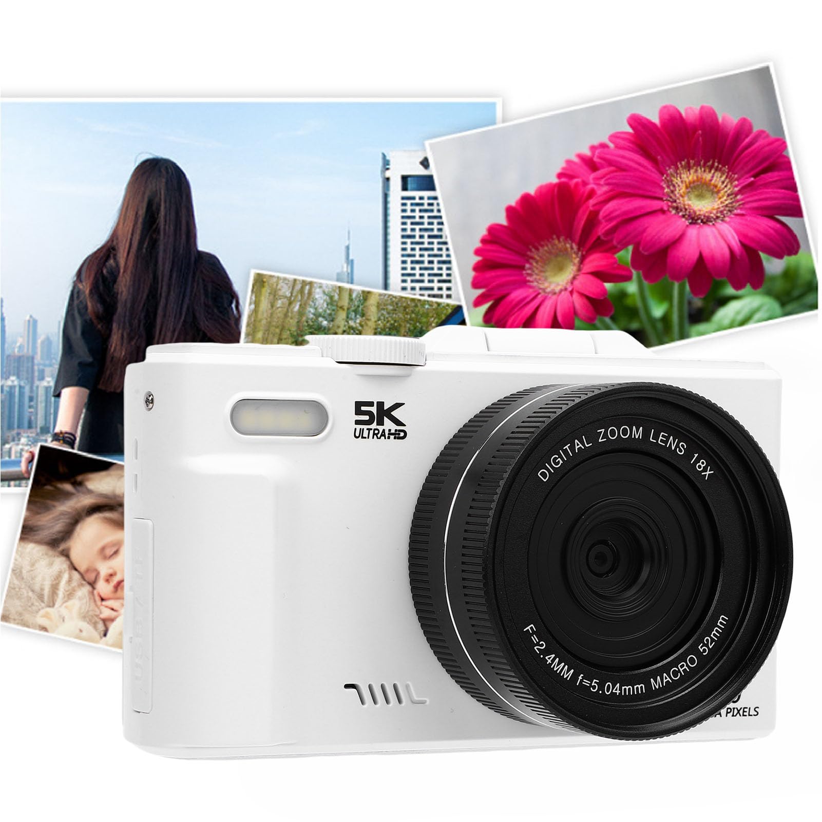 Asixxsix Fotocamera digitale 5K, fotocamera da viaggio WiFi con zoom 18X da 75 MP con schermo ribaltabile da 3 pollici a 180 gradi e luce LED, per selfie in viaggio (WHITE)