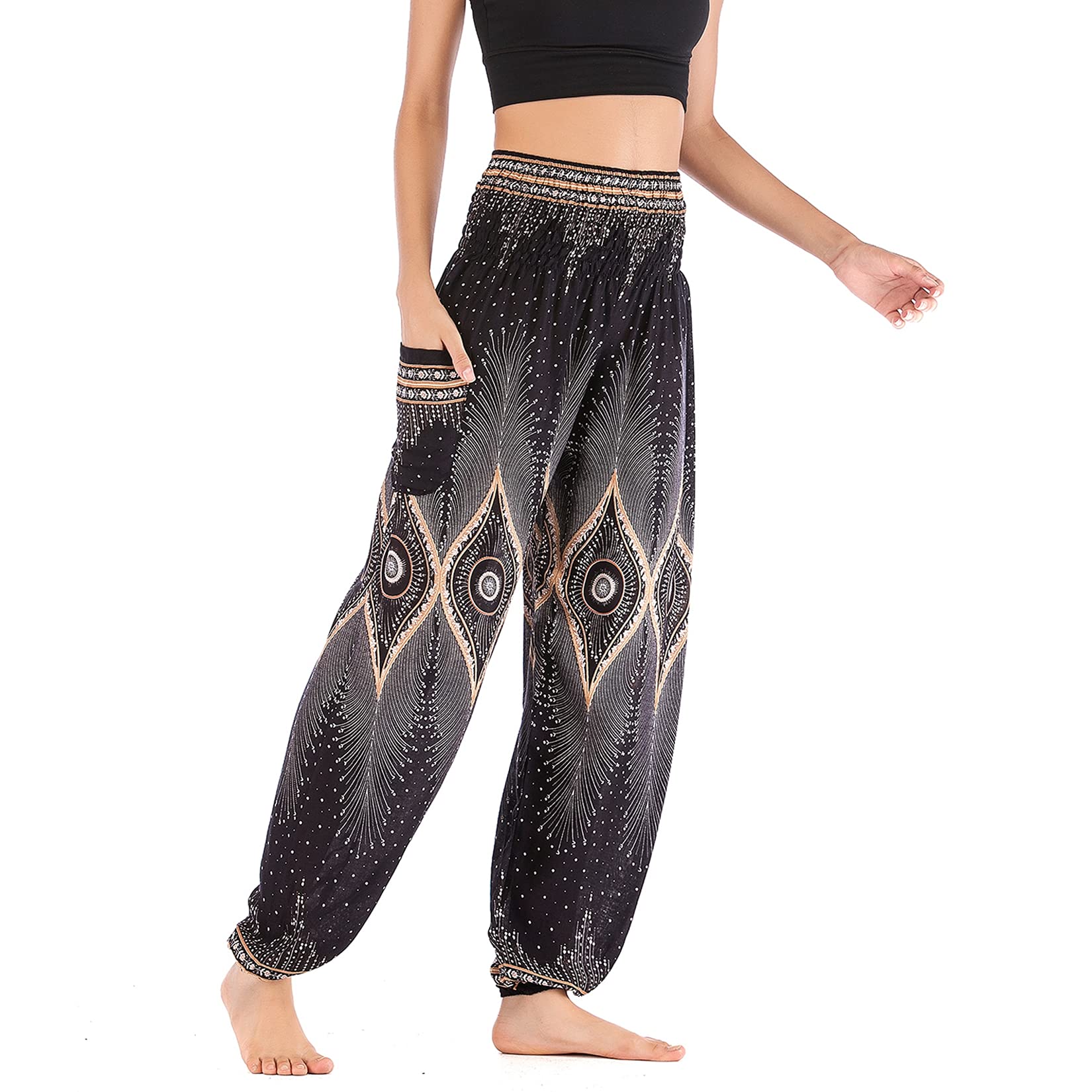 Lu's Chic Women's Boho Pants Smocked Waist Hippie Harem Yoga Gypsy Palazzo Summer Beach Pants Black X-Small to Large