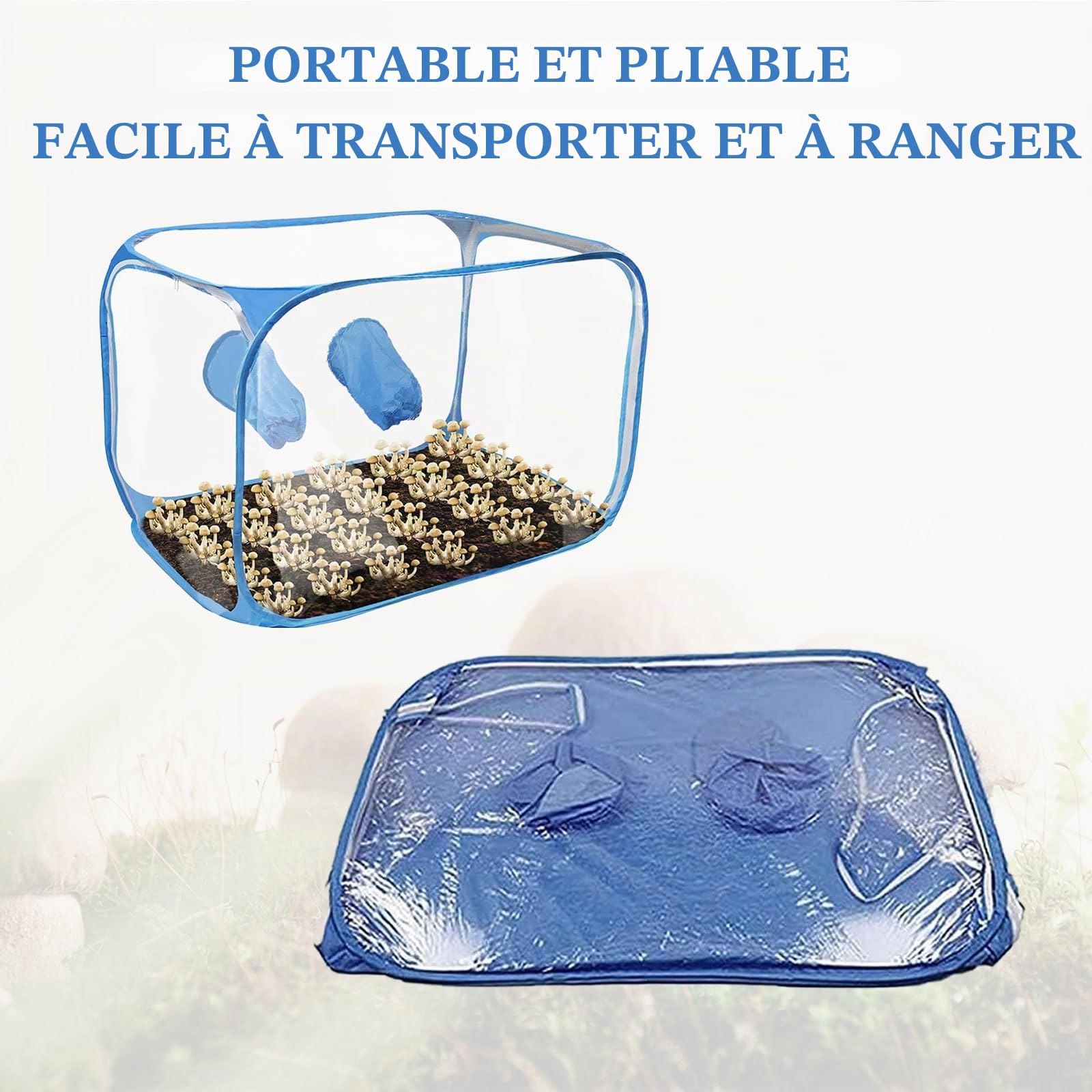 Tente de Culture de Champignons, Portable Pliable Still Air Box avec 2 Ports à Bras Kit de Culture de Champignons à la Maison, PVC Matériau Sac de Culture pour Amateurs de Champignon (Bleu)