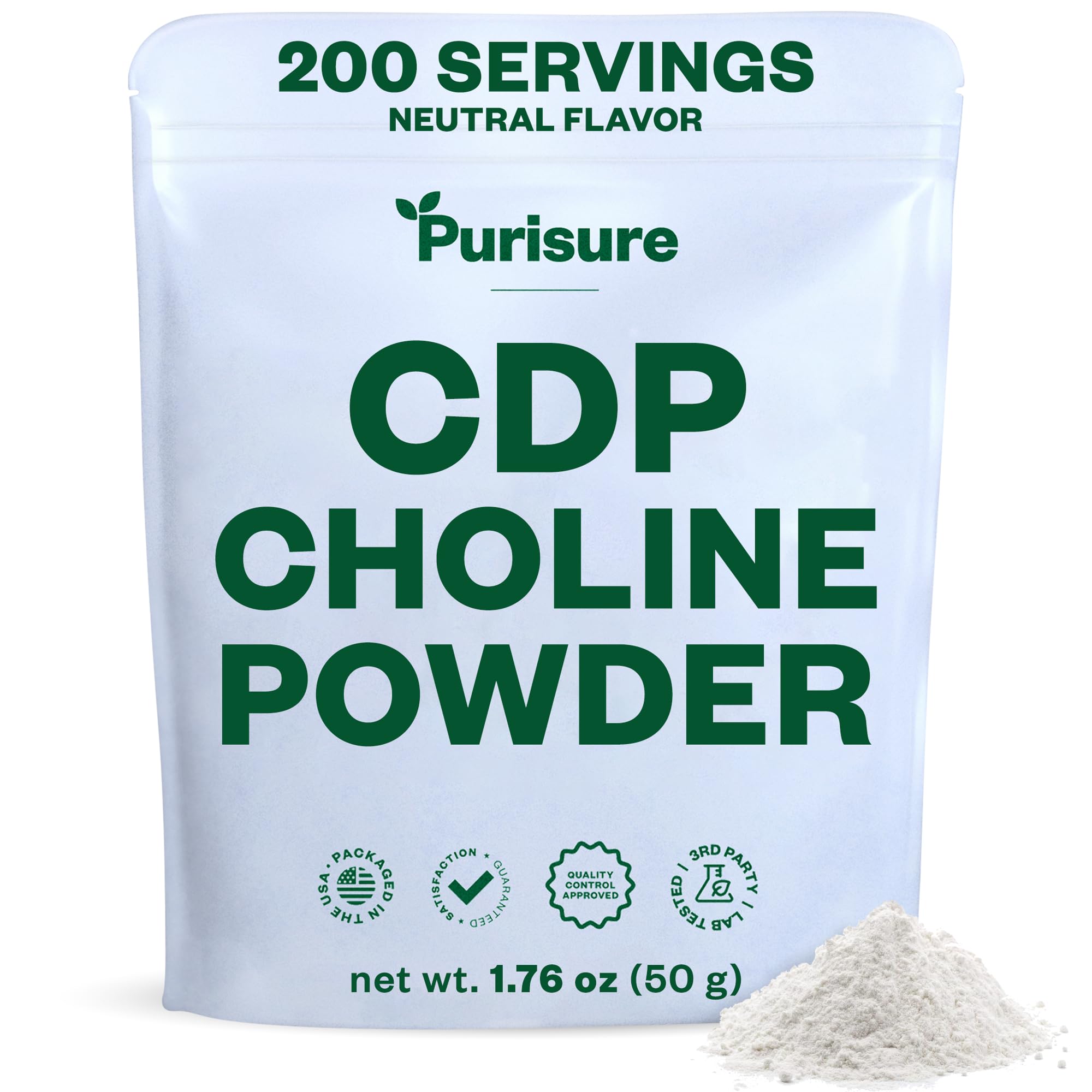 Purisure CDP Choline Powder, 50g, CDP Choline Supplements That Support Attention, Focus, and Energy, Citicoline Powder for Cognitive Function, Increases Motivation and Productivity, 200 Servings