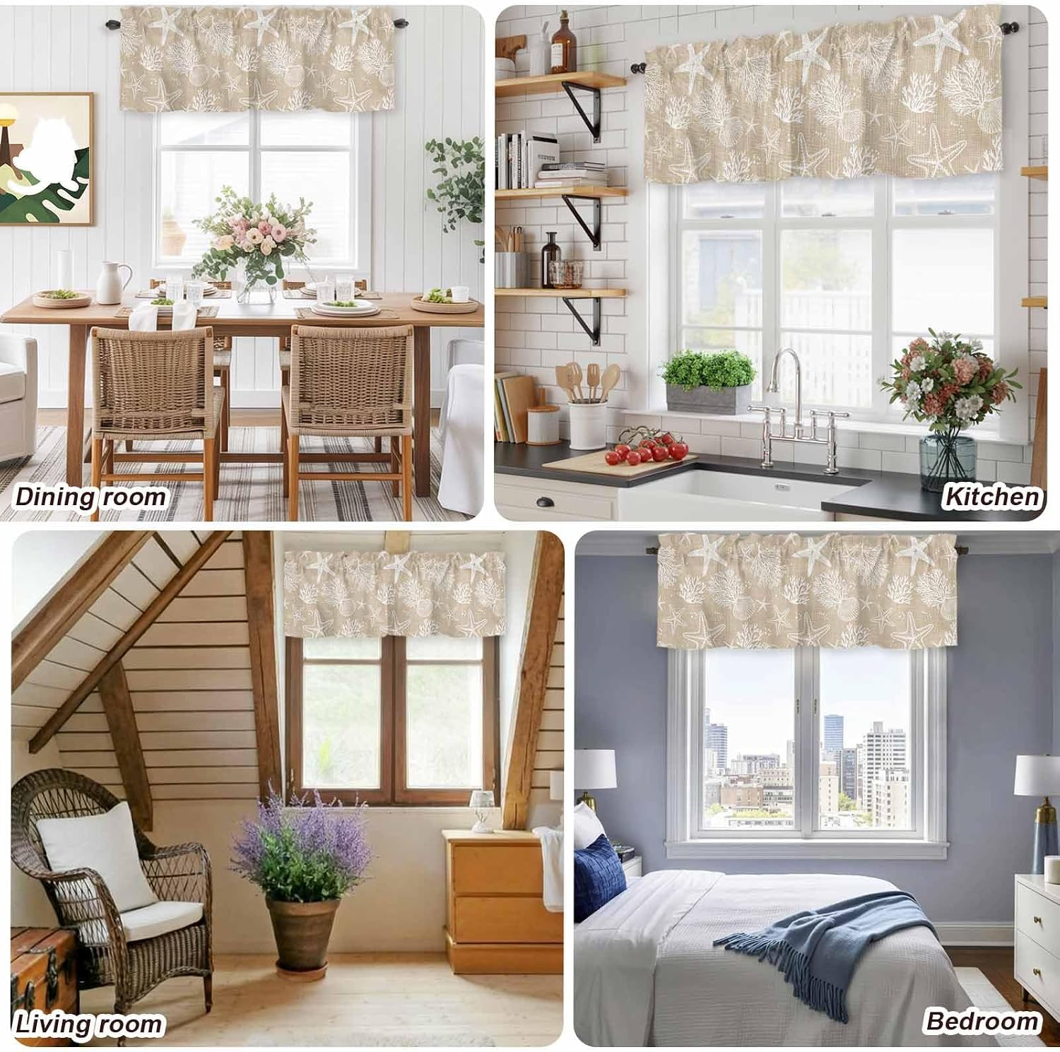 Rustic Coastal Valances for Windows Farmhouse Kitchen Curtains Valances Rod Pocket Valance Curtains for Windows Sea Nautical Summer Beach Starfish Coral Window Valance for Bedroom Bathroom 42"x18"