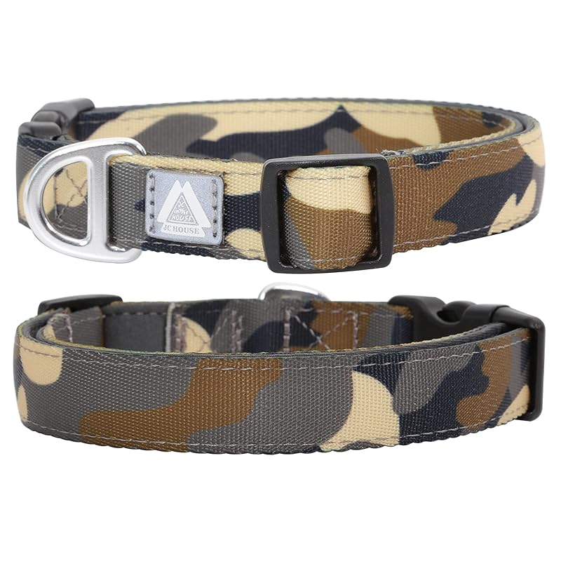 Coleira básica para cães com neoprene e faixa refletiva 3M JC HOUSE, Camo Green, Médio para pescoço de 30–51 cm