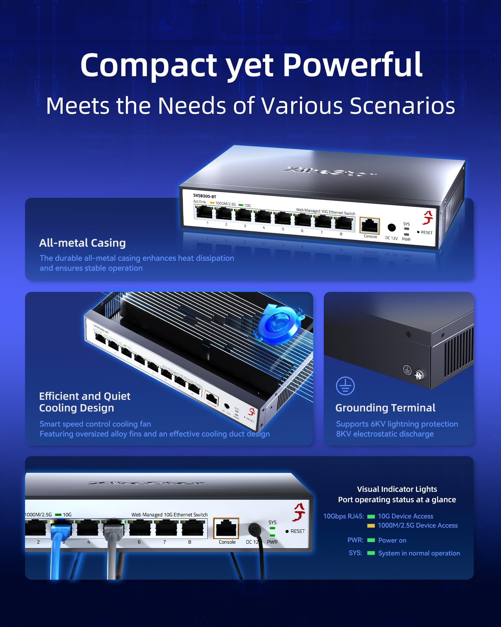 XikeStor 8 × 10 Gb Ethernet Switch (Web management, Fan Cooling, controllo ventola, QoS, IGMP Snooping, ideale per NAS 2.5G, server, gaming, WiFi 6 AP, video 4K) metallo, desktop/parete/rack