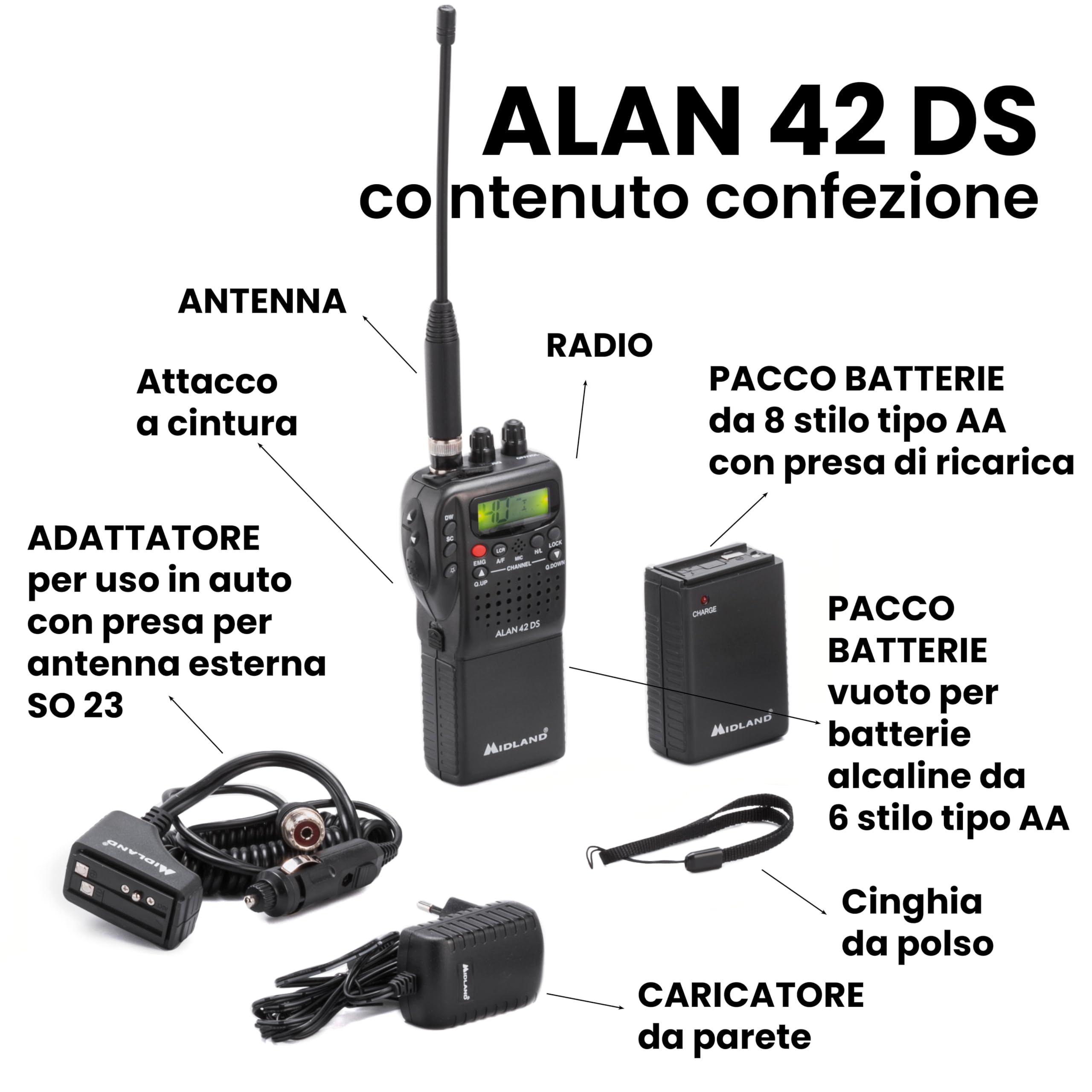 Midland - Radio CB Ricetrasmittente Portatile Senza Licenza Alan 42 DS, Multi Banda per Tutti Paesi EU, Squelch Digitale - Ricetrasmittenti Professionali AM/FM Presa 2 Pin, Antenna e Altri Accessori