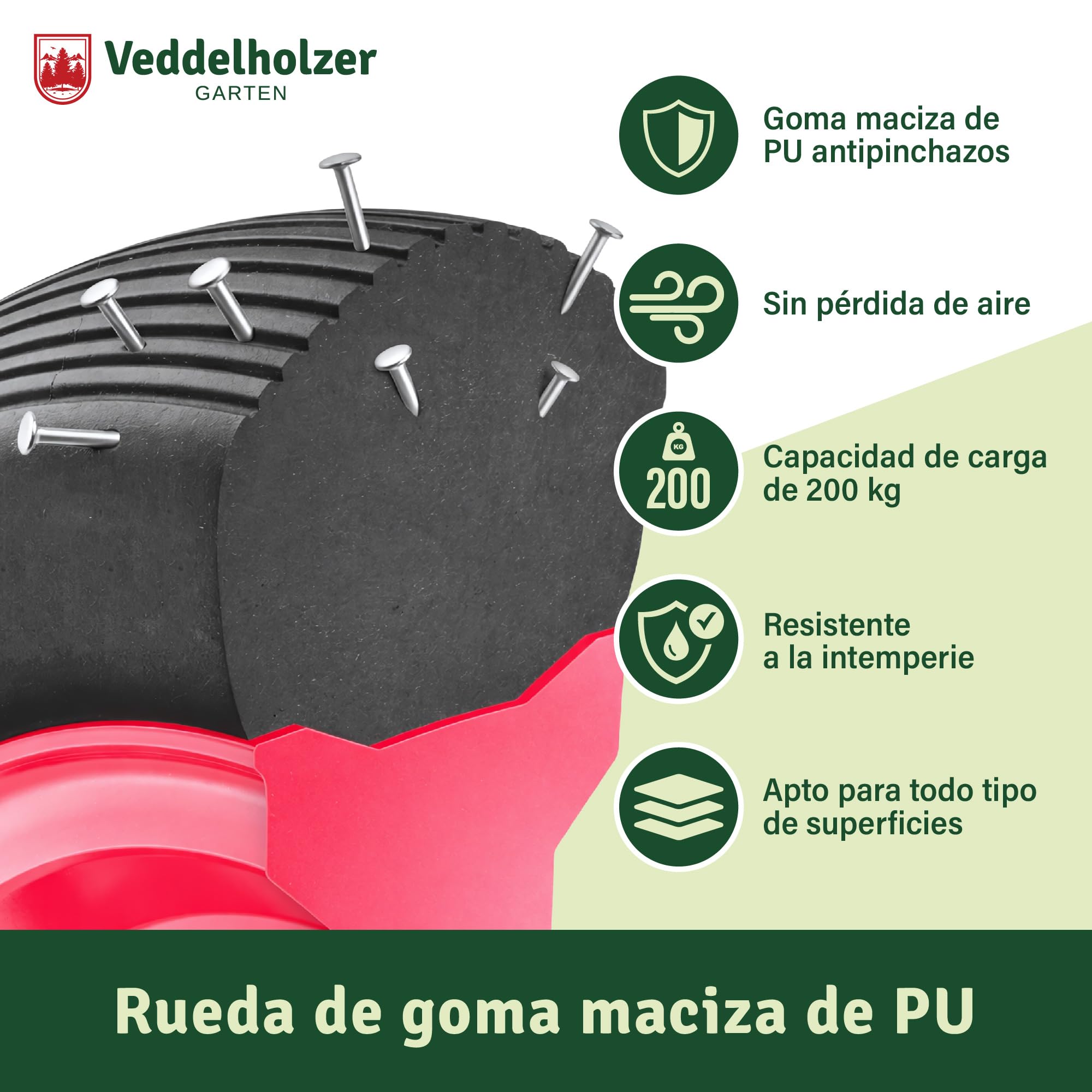 Veddelholzer Rueda de carretilla de goma maciza de poliuretano, 4.80/4.00-8, con llanta de acero de 385 mm de diámetro, incluye eje y montaje, capacidad de carga de 200 kg, poliuretano resistente a
