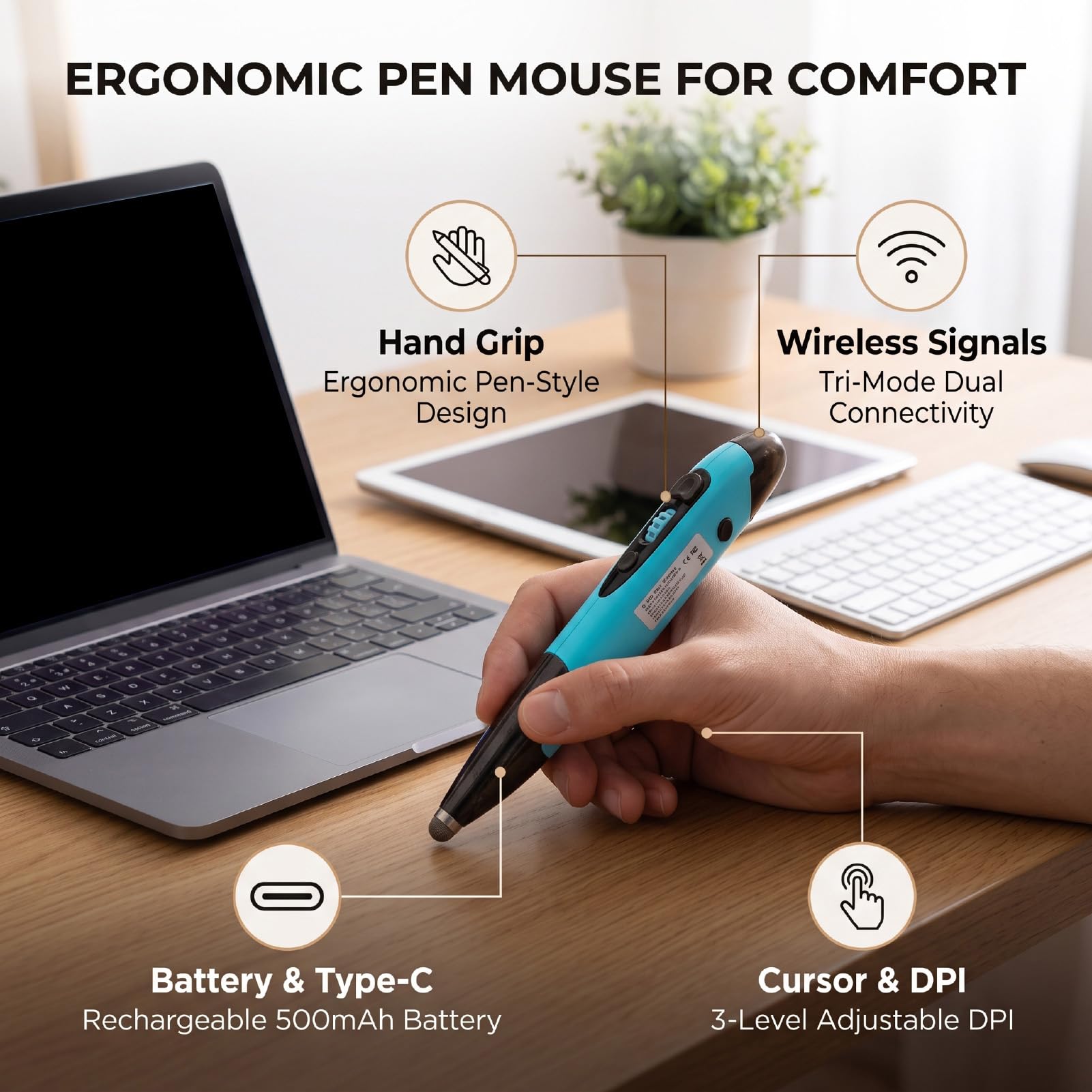 Luocute Mouse con Penna Wireless, Sensore Regolabile da 1600 DPI (BLUE)
