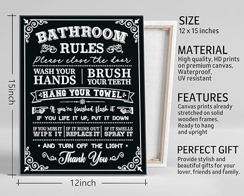 Miniatura 3 de Lienzo decorativo de pared para baño, divertidos letreros rústicos con reglas de baño, impresiones en lienzo, póster de pared para decoración de
