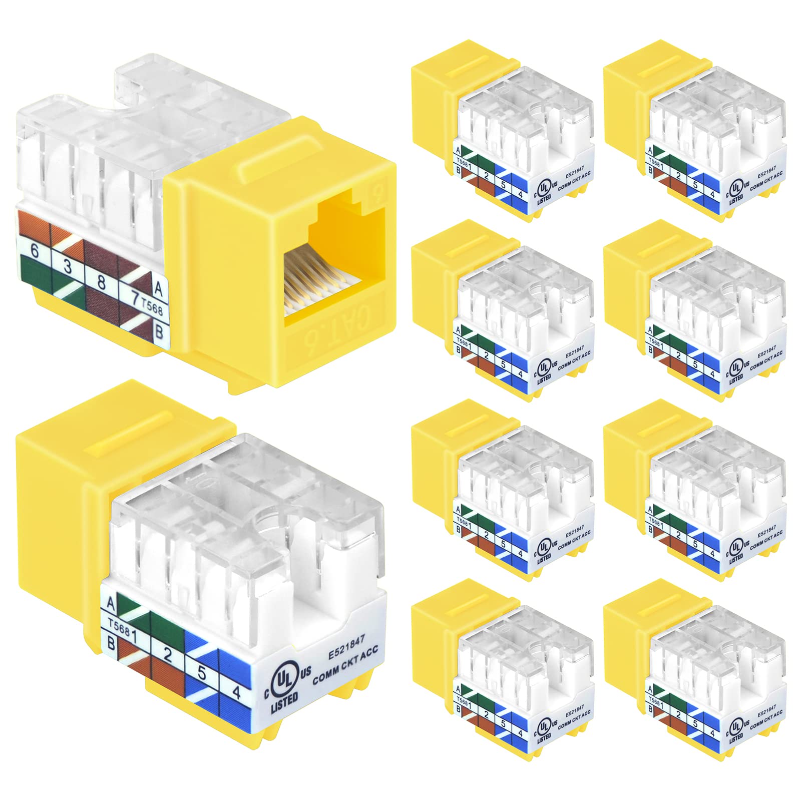 VCELINKRJ45 Cat6 Keystone Jacks Slim Profile UL-Listed 10-Pack, 90-Degree Ethernet Punch Down Keystone Jack Adapter in Yellow