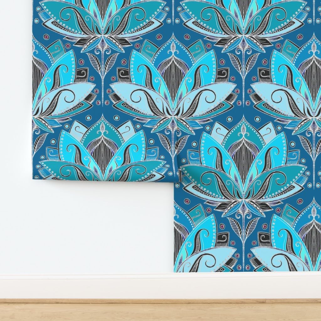 Removable Wallpaper 6ft x 2ft - Art Deco Lotus Teal Turquoise Black Nouveau Retro Tea Geometric Blue Aqua Custom Pre-Pasted Wallpaper by Spoonflower