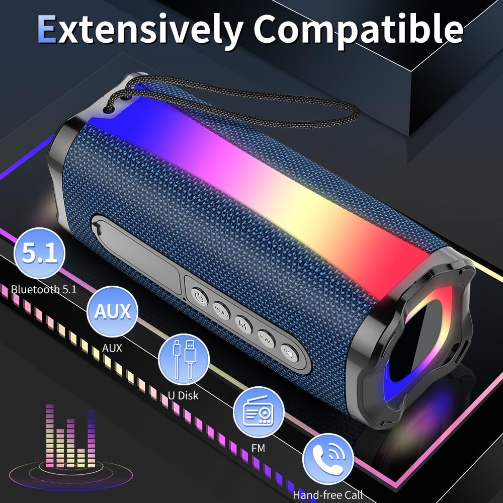 Image showing the neza speaker's compatibility with Bluetooth 5.1, AUX, U Disk (USB), FM radio, and hand-free calls.