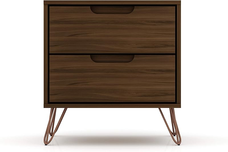 Manhattan Comfort Rockefeller Nightstand with Drawers, Mid Century Modern Bedside Table, Minimalist Display and Storage Organizer, Ideal for Bedroom and Living Room, Brown