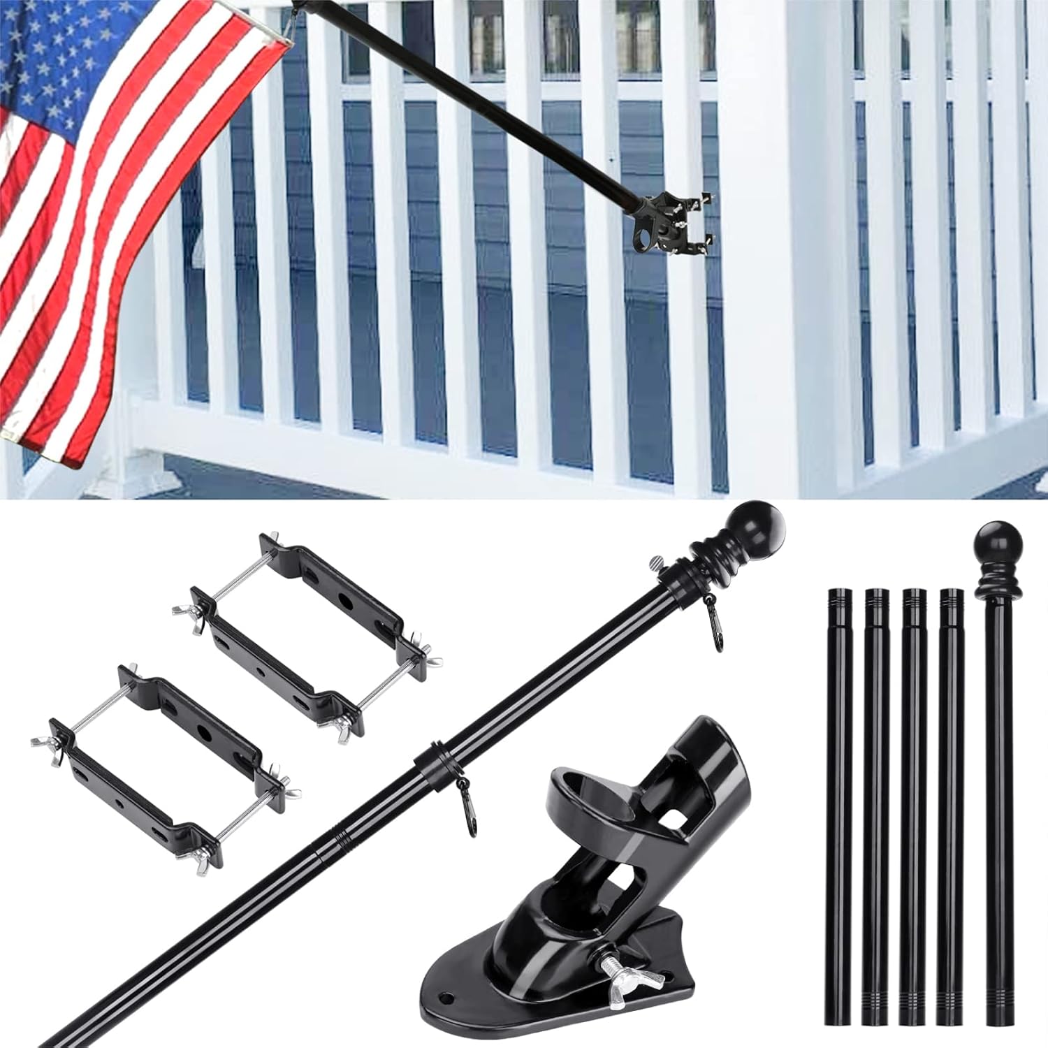 6FT Railing Flag Pole Kit - Heavy Duty Metal Flagpole Holder for House, Porch, Balcony, Deck & Garden | 2-Position Adjustable Bracket | Wall/Rail Mount | Indoor & Outdoor Use