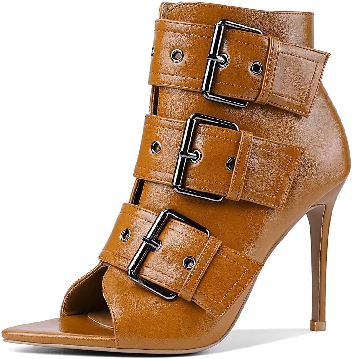 Women's Peep Toe Booties Sandals Stiletto Heel Ankle Boot Heeled Sandals Metal Buckle Side Zipper Sexy Dance Shoes
