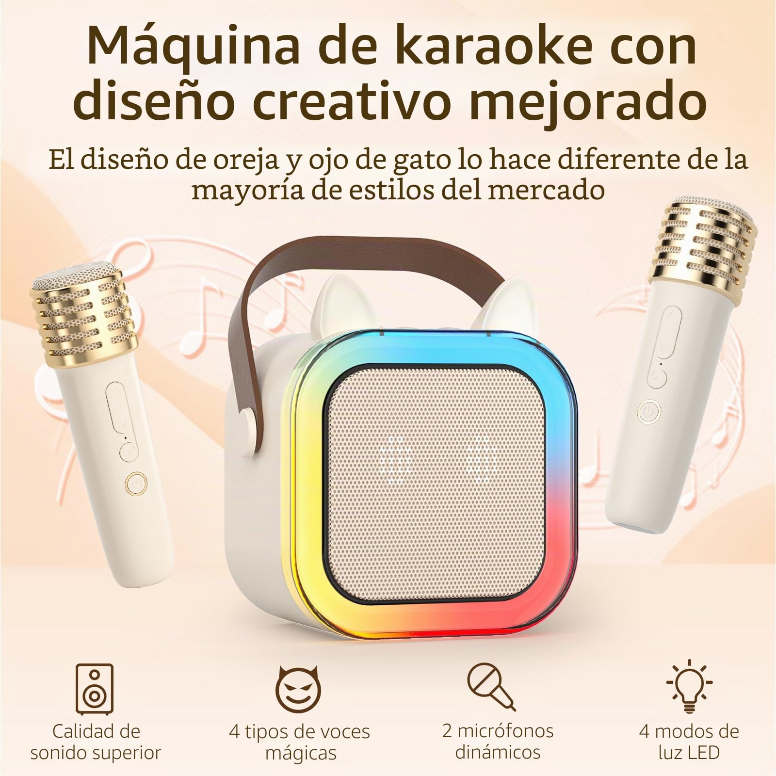 Linda máquina de Karaoke de oído de Gato para niños Adultos, Sistema de Karaoke portátil con luz led Parpadeante, 2 micrófonos inalámbricos, Altavoz de Fiesta de Regalo para Navidad