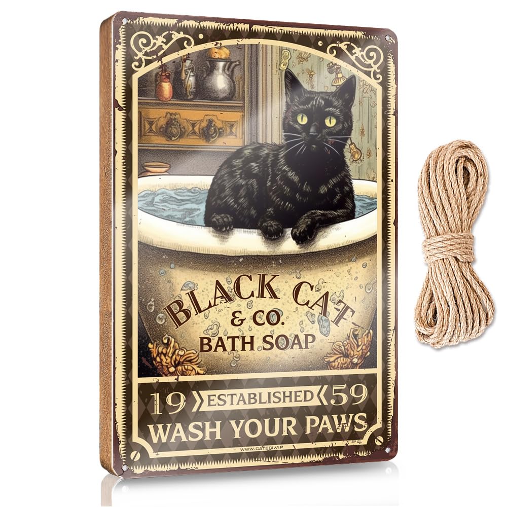 MAHQPZXSF Fun Home Decor Black Cat Bath Soap Wash Your Paws Wooden Sign Wood Signs For Home Decor Balcony Decor(15X28CM)