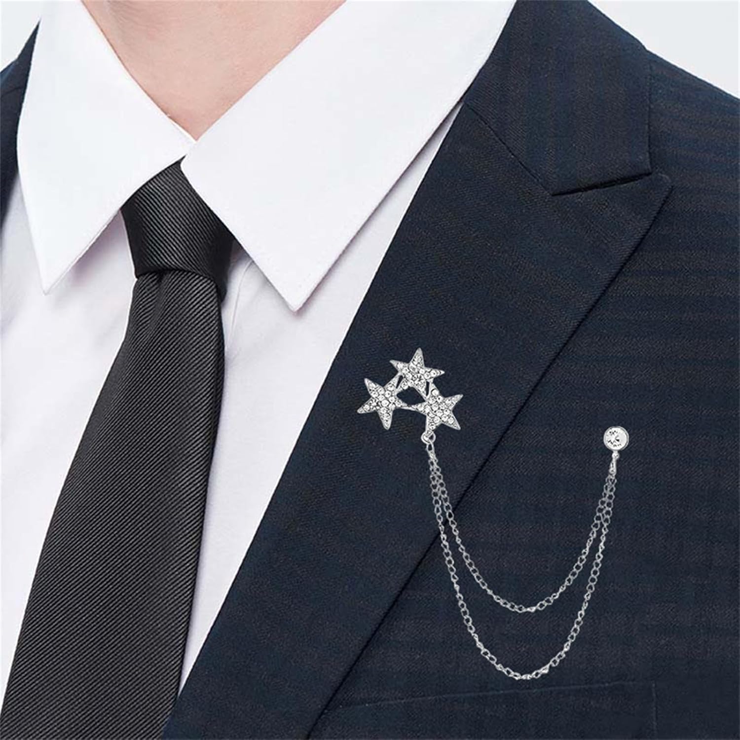 2PCS Crystal Hanging Chain Brooch Suit Pin for Men Women Vintage Crown Cross Star Diamond Broochs Gold and Silver Wedding Brooch for Clothes Dress Hats Bags Accessory image 2