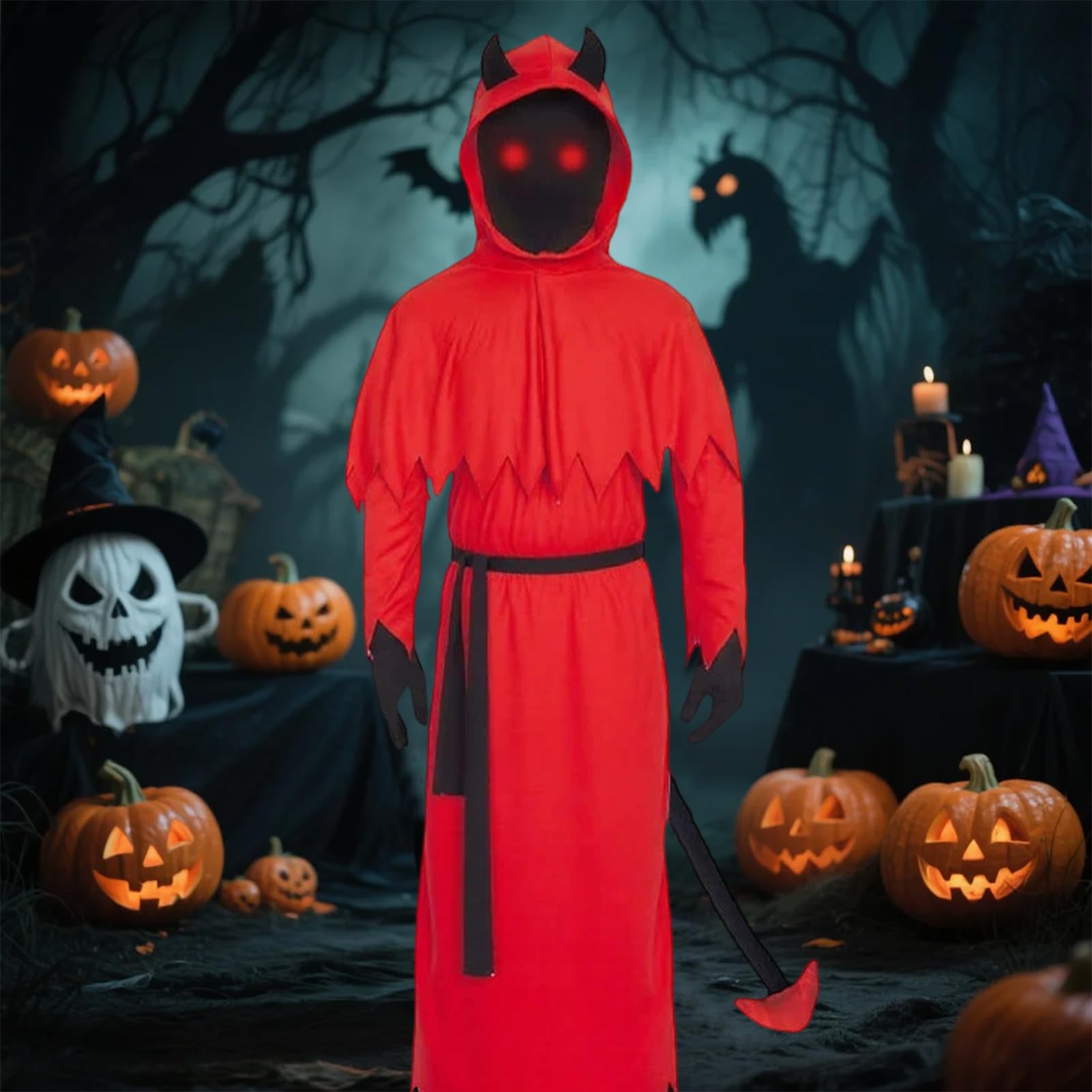 Matreeglam Halloween Horror Costume Kids Unisex Devil Scream Grim Reaper Outfit Accessories with Cape Cloak Trident Glasses for Halloween Carnival Cosplay Party Demons Dress Up (Red - Image 4