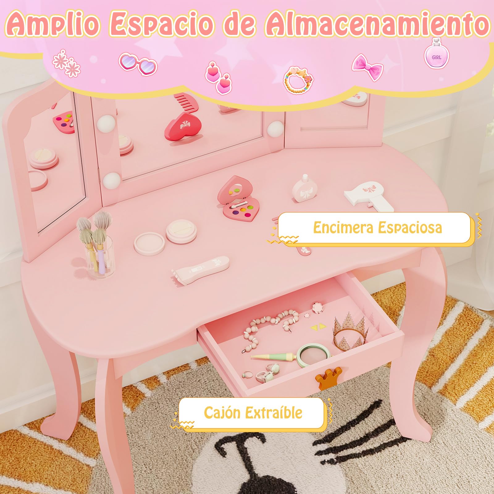 COSTWAY Tocador de Maquillaje Niña, Tocador Niña Madera con Espejo Plegable y 8 Bombillas, Juego de Mesa y Silla de Princesa con Brillo Ajustable, Cajón Extraíble y Taburete (Rosa, con Luces)