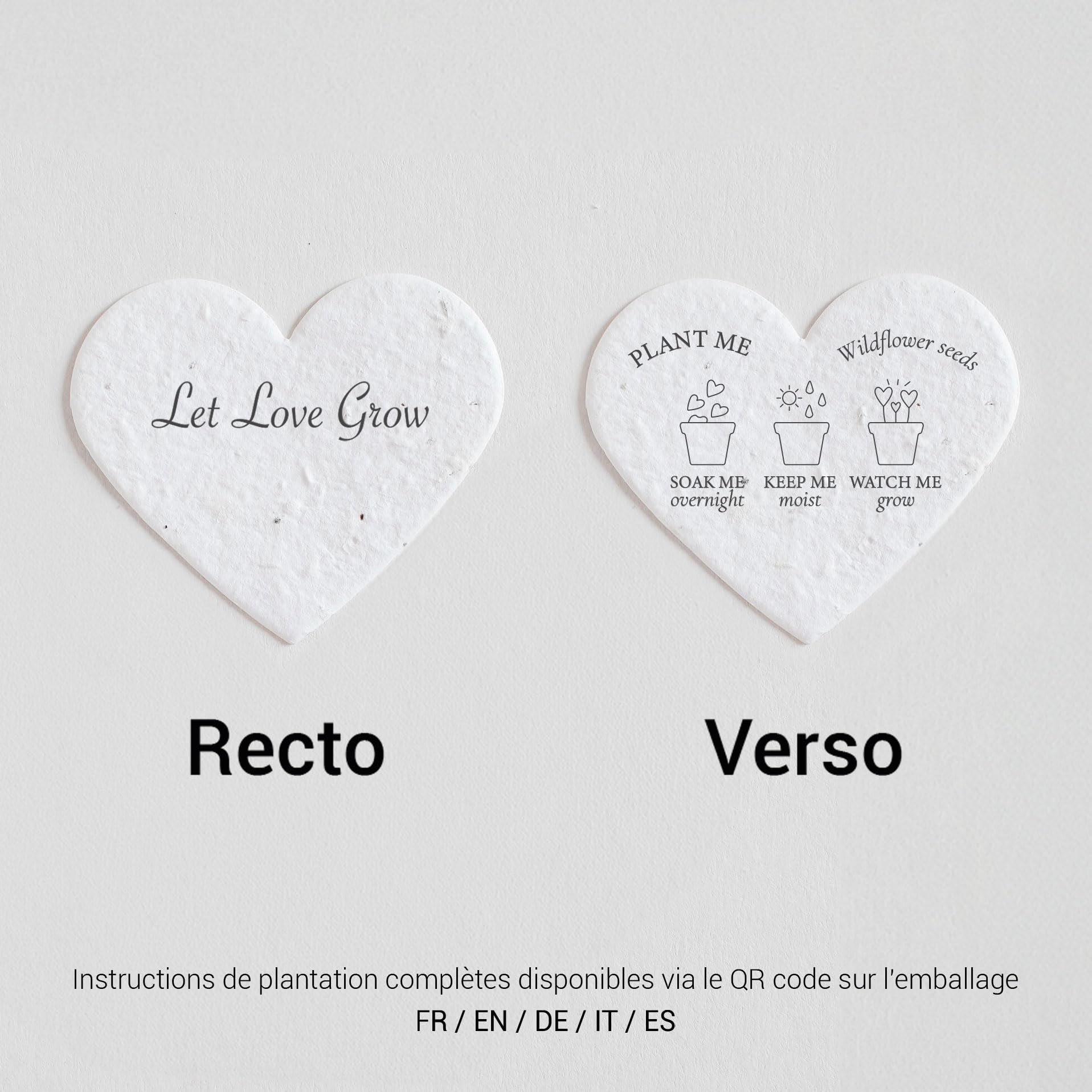 BLOOMING Cuori di carta seminata – Set di 25 bomboniere da piantare "Let Love Grow", 6,3 x 6,3 cm, 300 g/m2, bianco vergine, semi di fiori selvatici biodegradabili