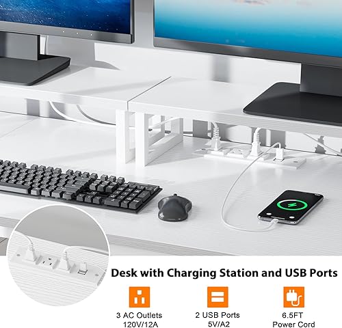 Miniatura 5 de Furologee Escritorio blanco para computadora con cajón y tomas de corriente, escritorio de oficina de 47 pulgadas con 2 soportes para monitor y