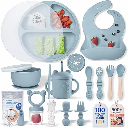 Miniatura 8 de Juego de alimentación de bebé de silicona sin BPA, platos de succión extragrandes, cuencos para niños, utensilios de autoalimentación y más, apto