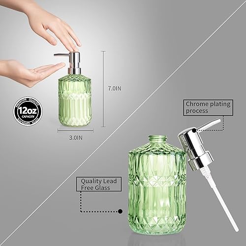 Miniatura 2 de Diamond Design - Dispensador de jabón de vidrio verde de 12 onzas, dispensador de jabón de loción recargable para baño, cocina, jabón de manos,